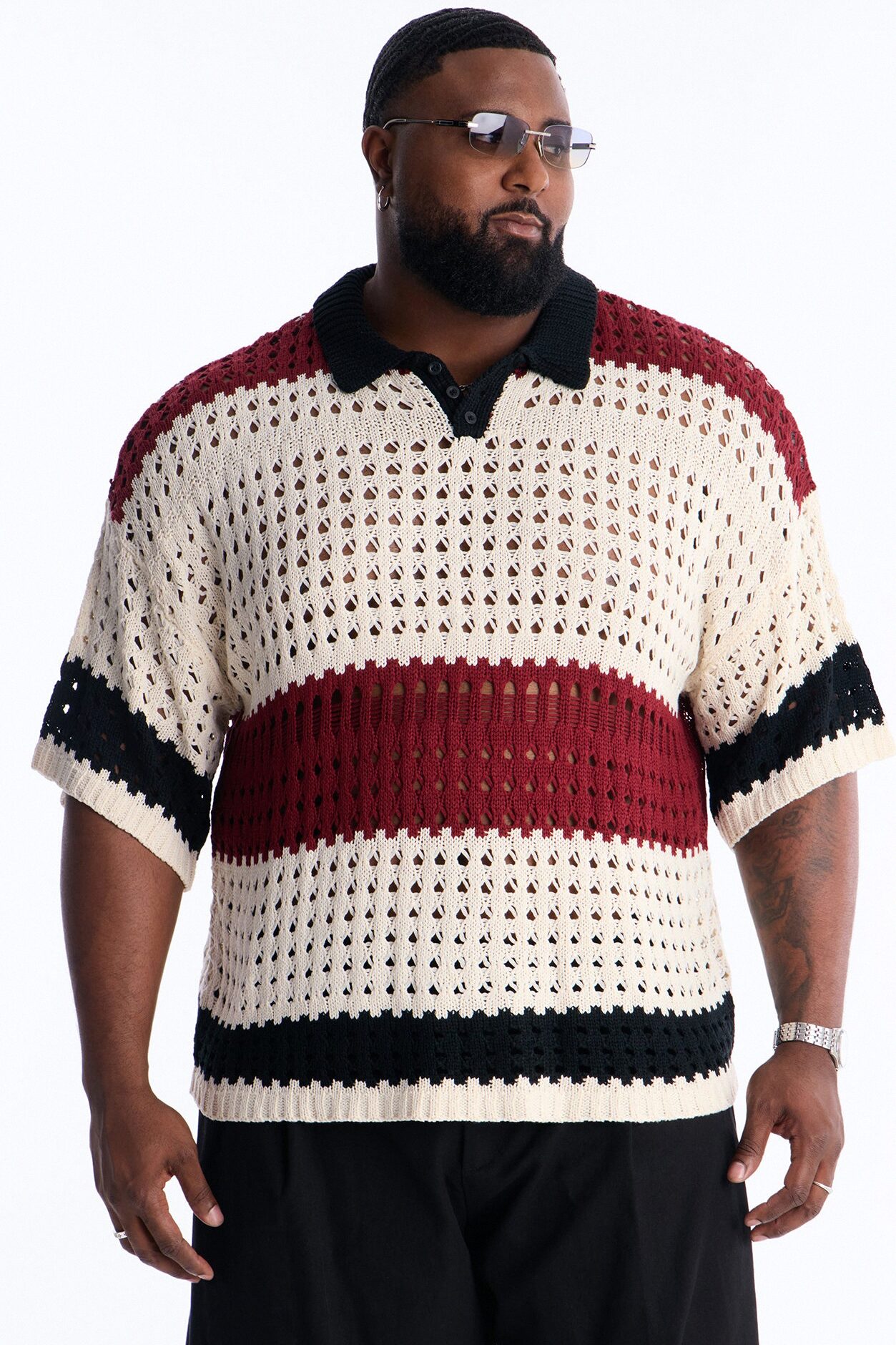 Weathered Stripe Knitted Polo - Burgundy