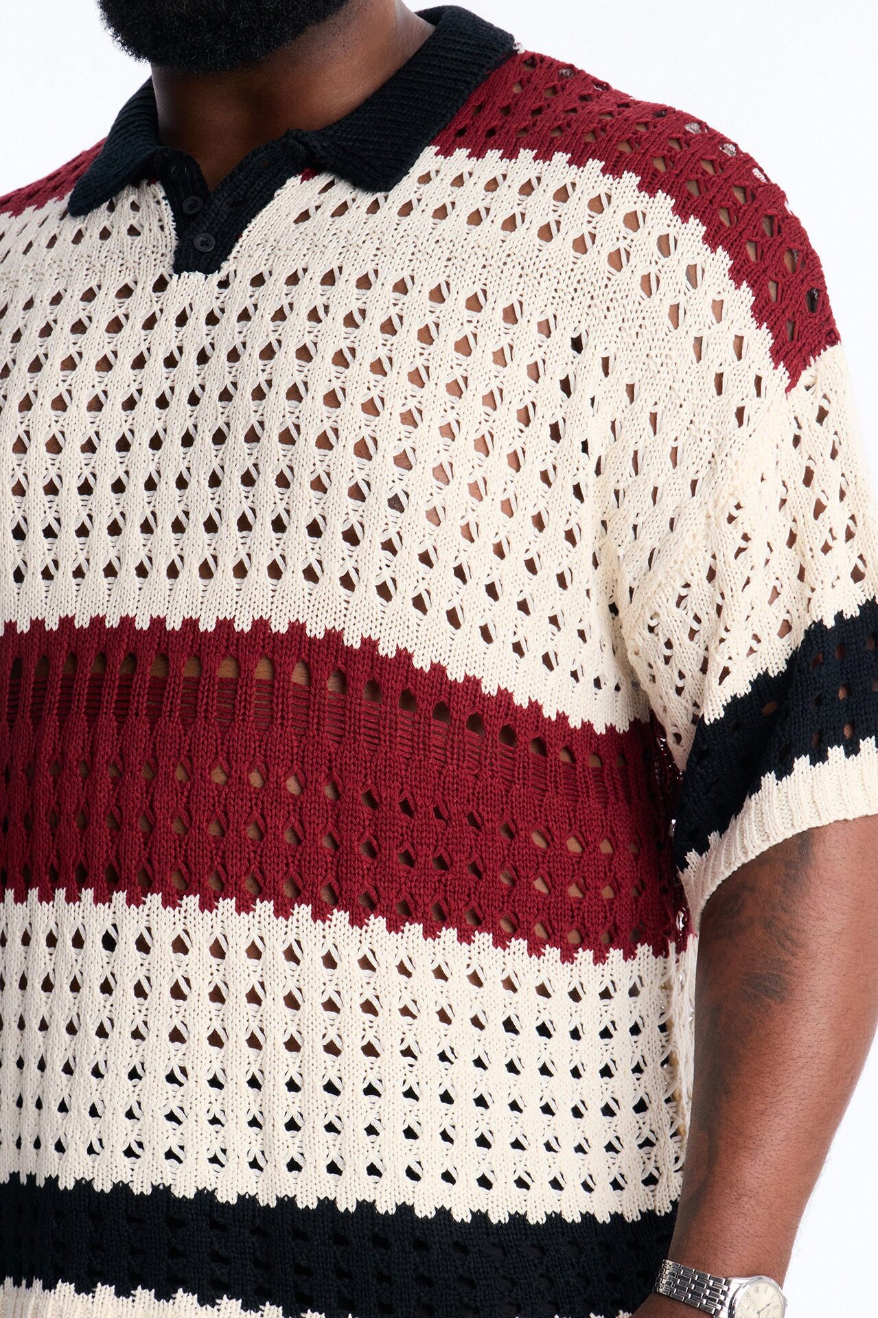 Weathered Stripe Knitted Polo - Burgundy
