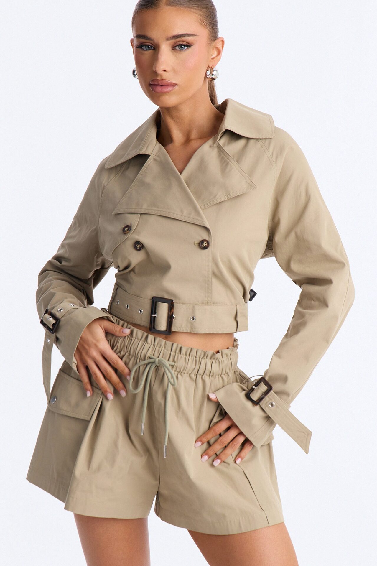 Head Turner Twill Cropped Trench Jacket - Khaki