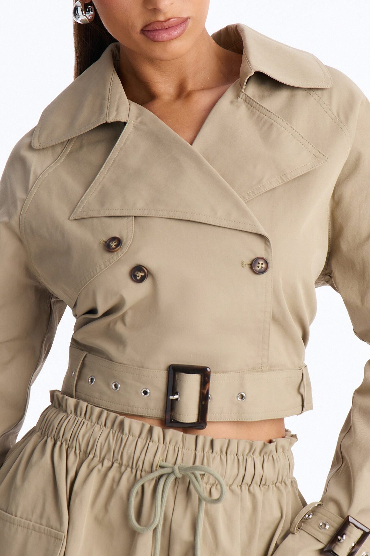 Head Turner Twill Cropped Trench Jacket - Khaki