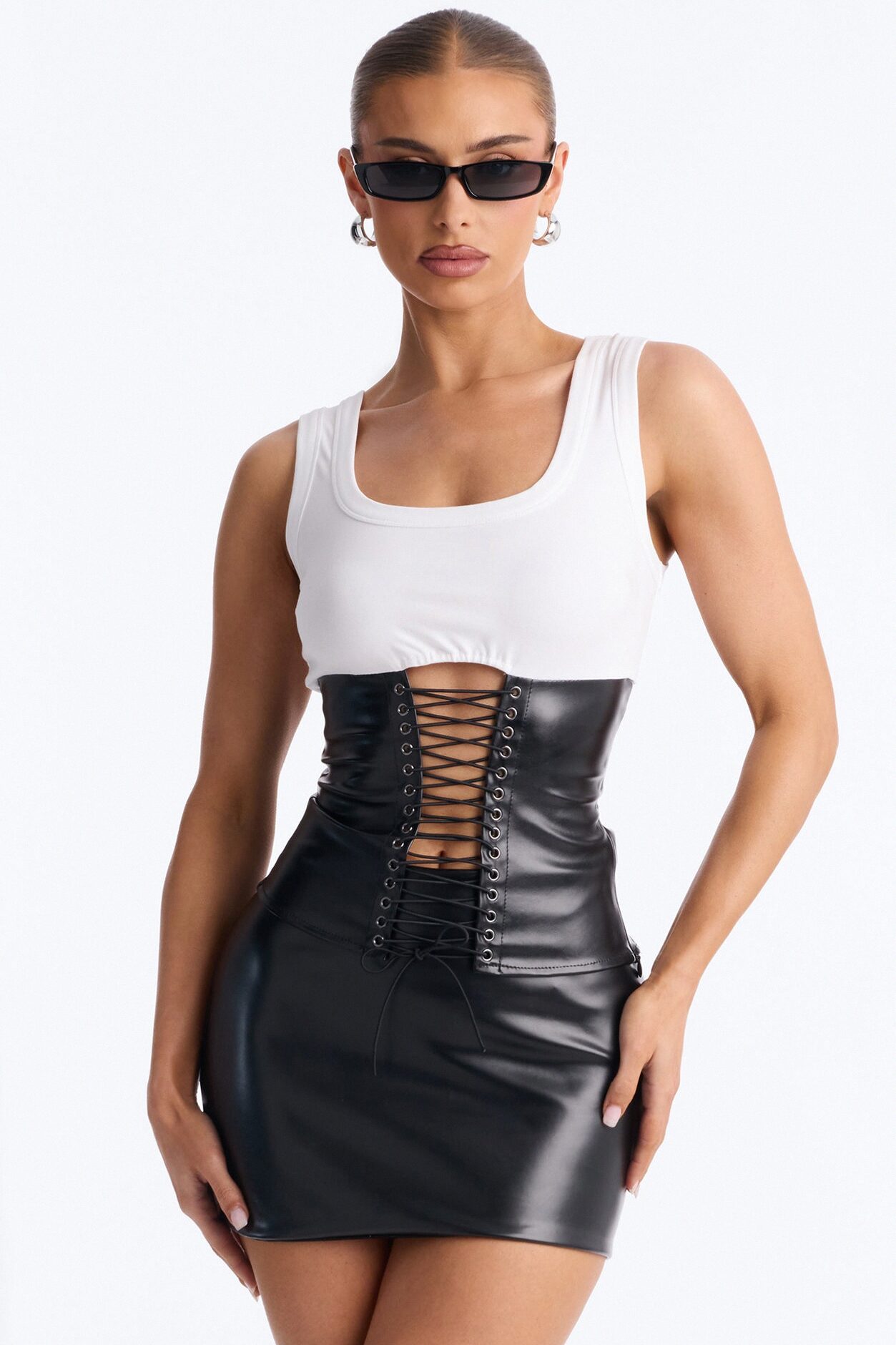 No Apologies Faux Leather Lace Up Tank Top - White/Black