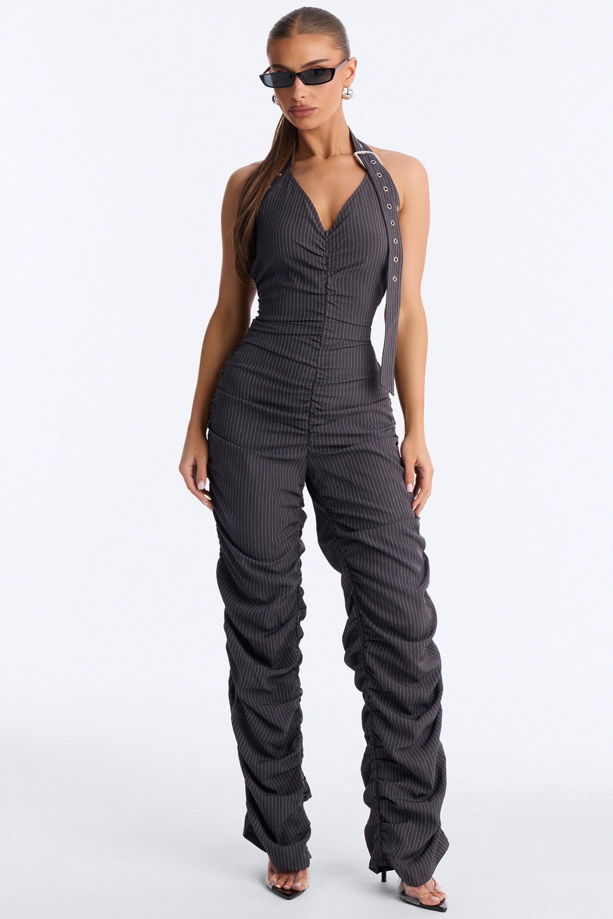 Pia Pinstripe Buckle Jumpsuit - Charcoal