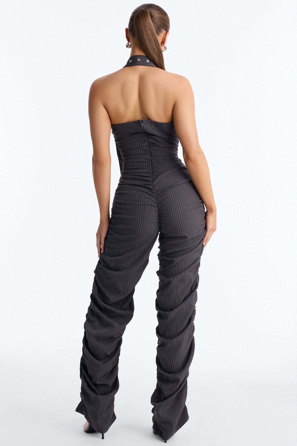 Pia Pinstripe Buckle Jumpsuit - Charcoal