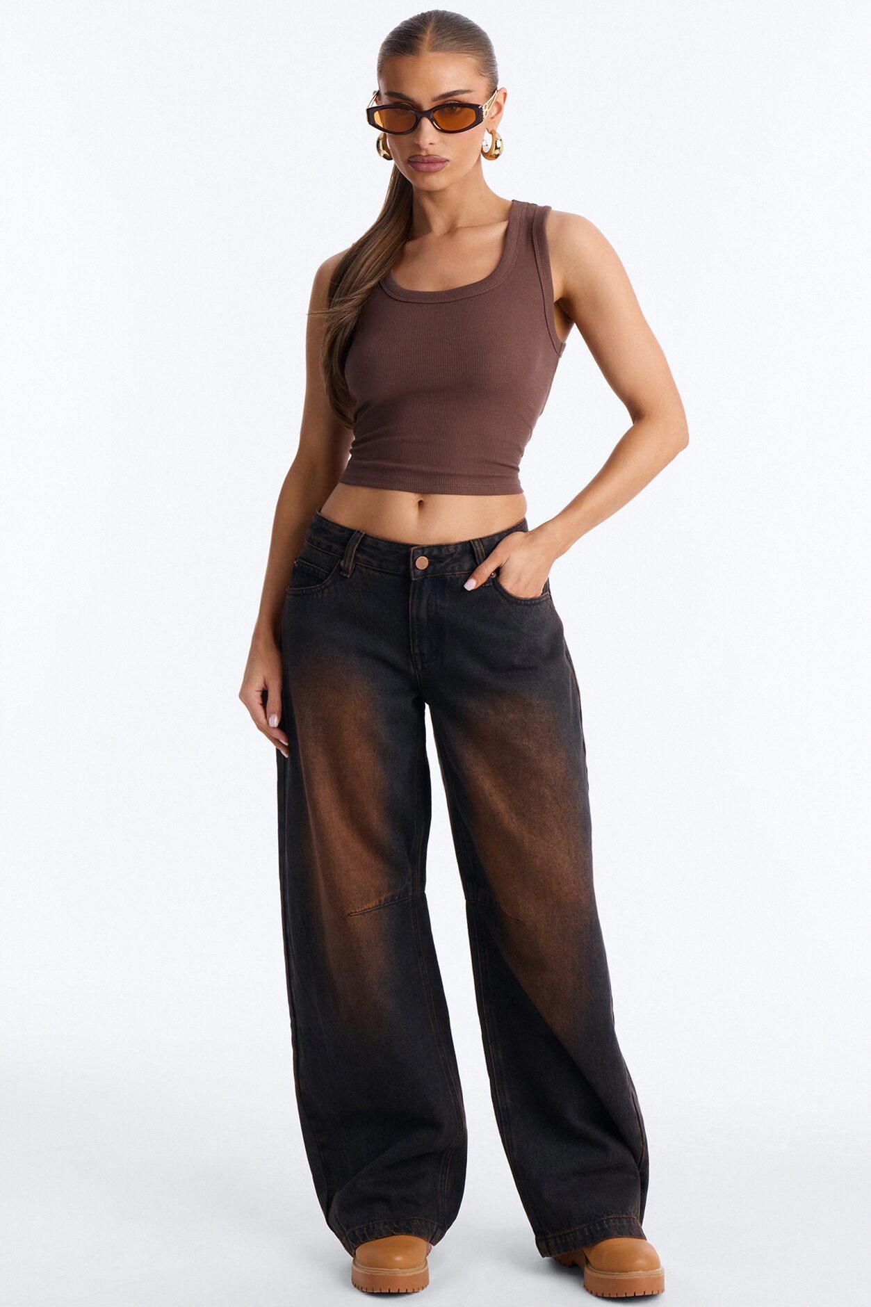 By My Side Low Waist Tinted Barrel Jeans - Dark Brown