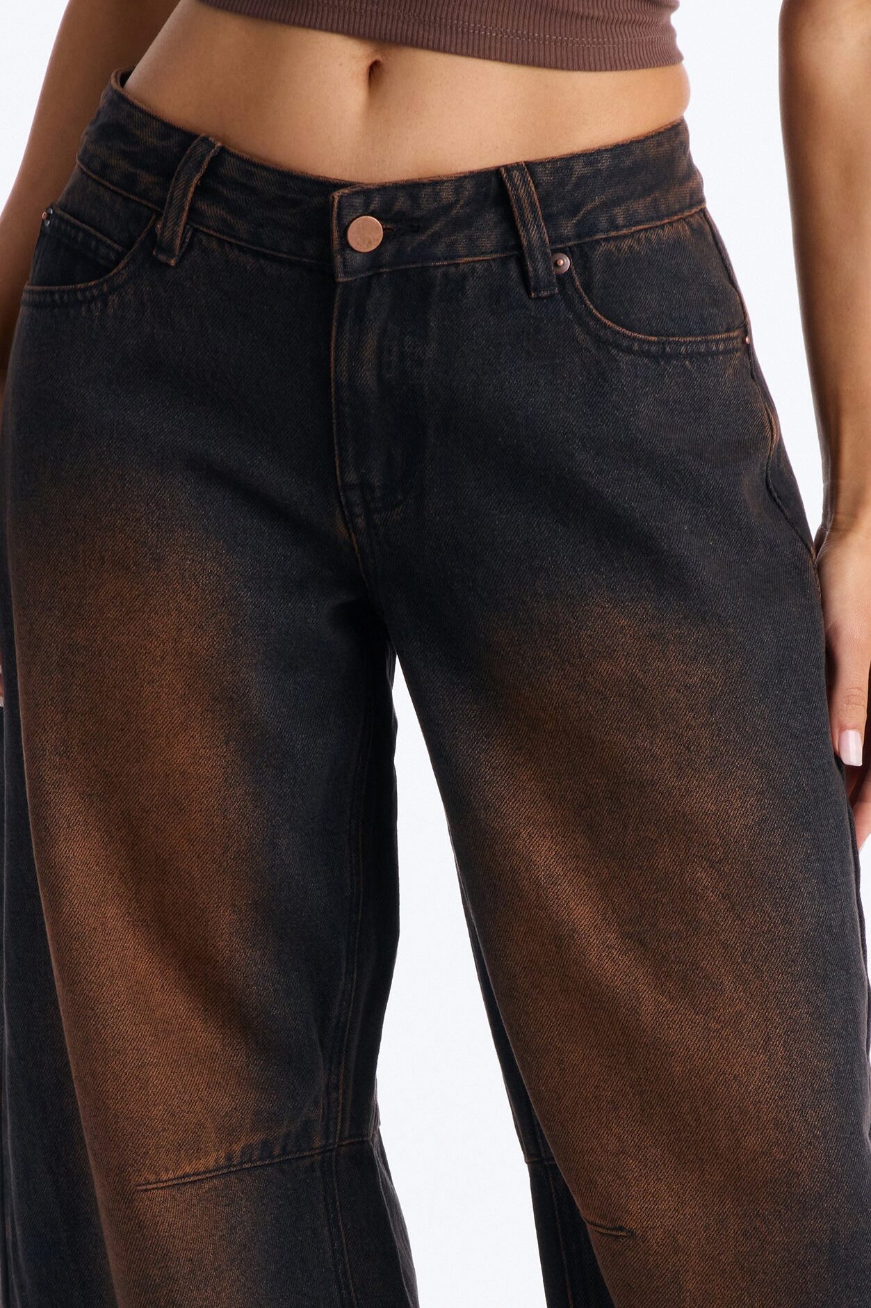 By My Side Low Waist Tinted Barrel Jeans - Dark Brown