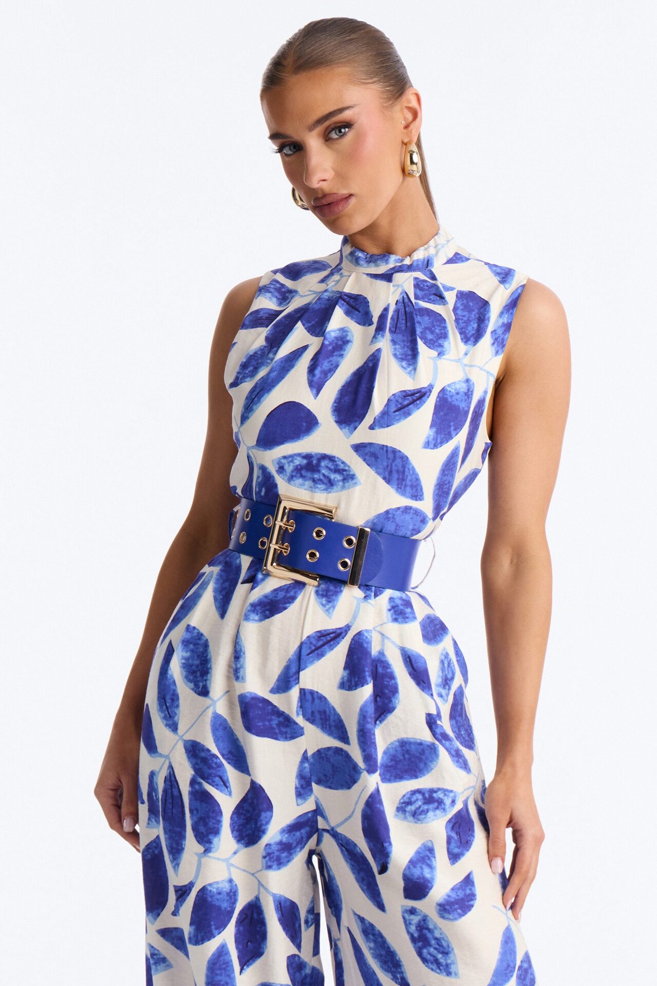 Meena Belted High Neck Jumpsuit - Blue