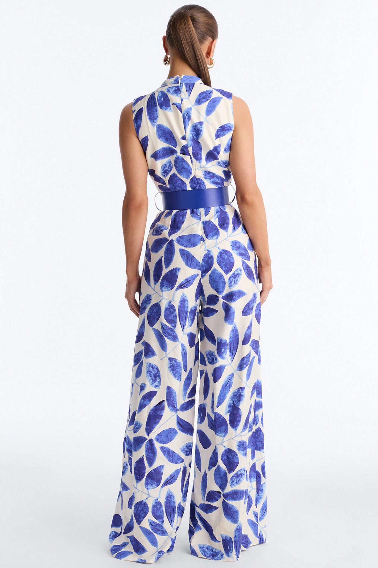 Meena Belted High Neck Jumpsuit - Blue