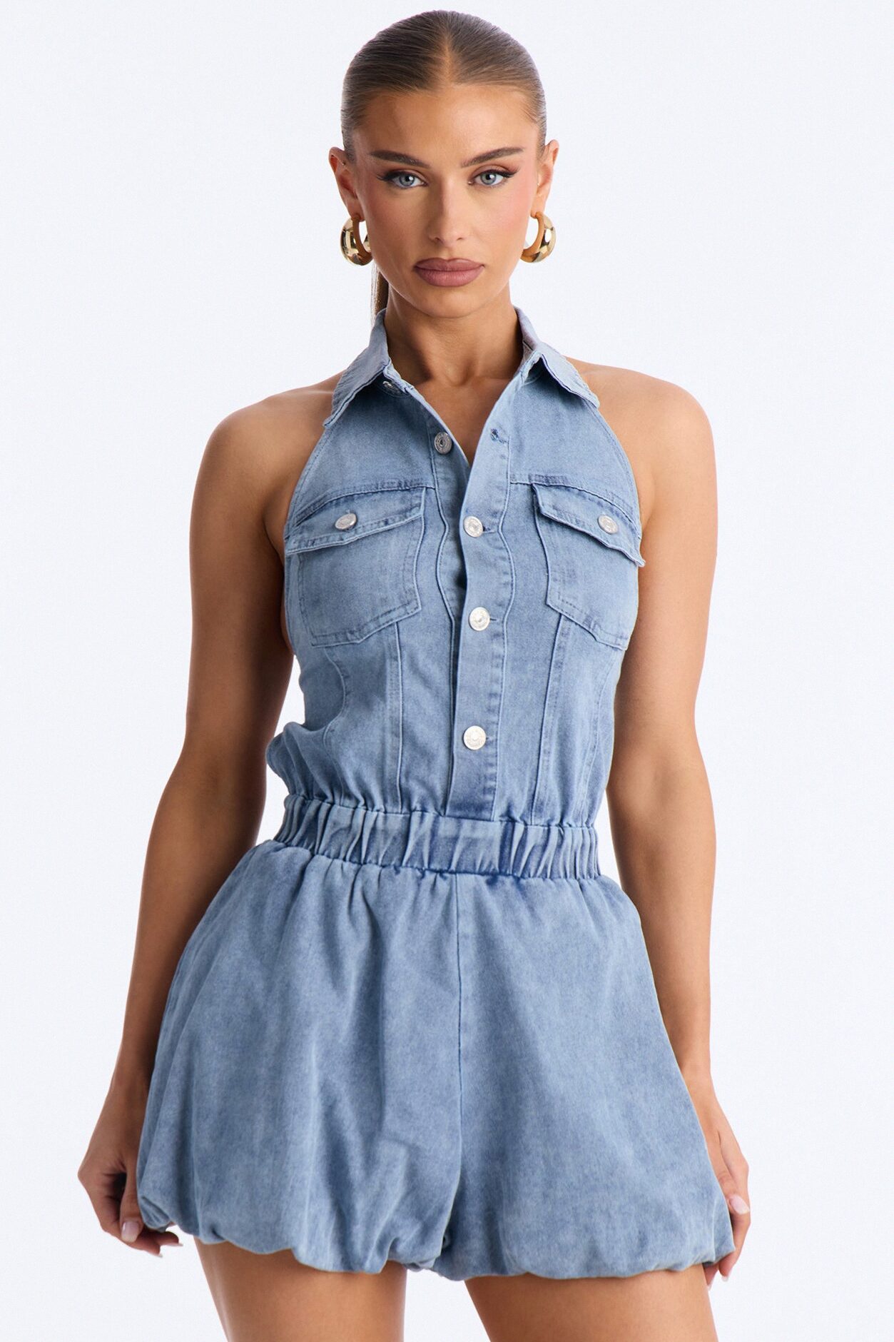 Lennon Denim Halter Bubble Romper - Light Wash
