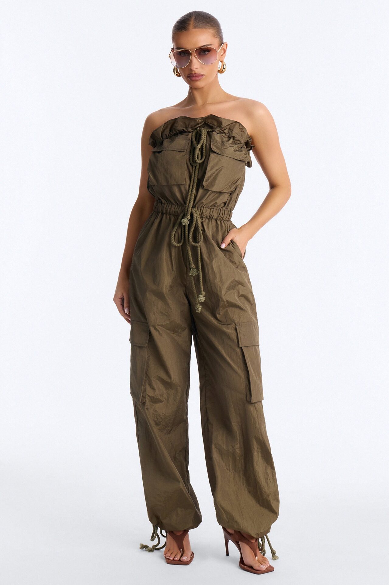 Bria Cargo Nylon Jumpsuit - Olive
