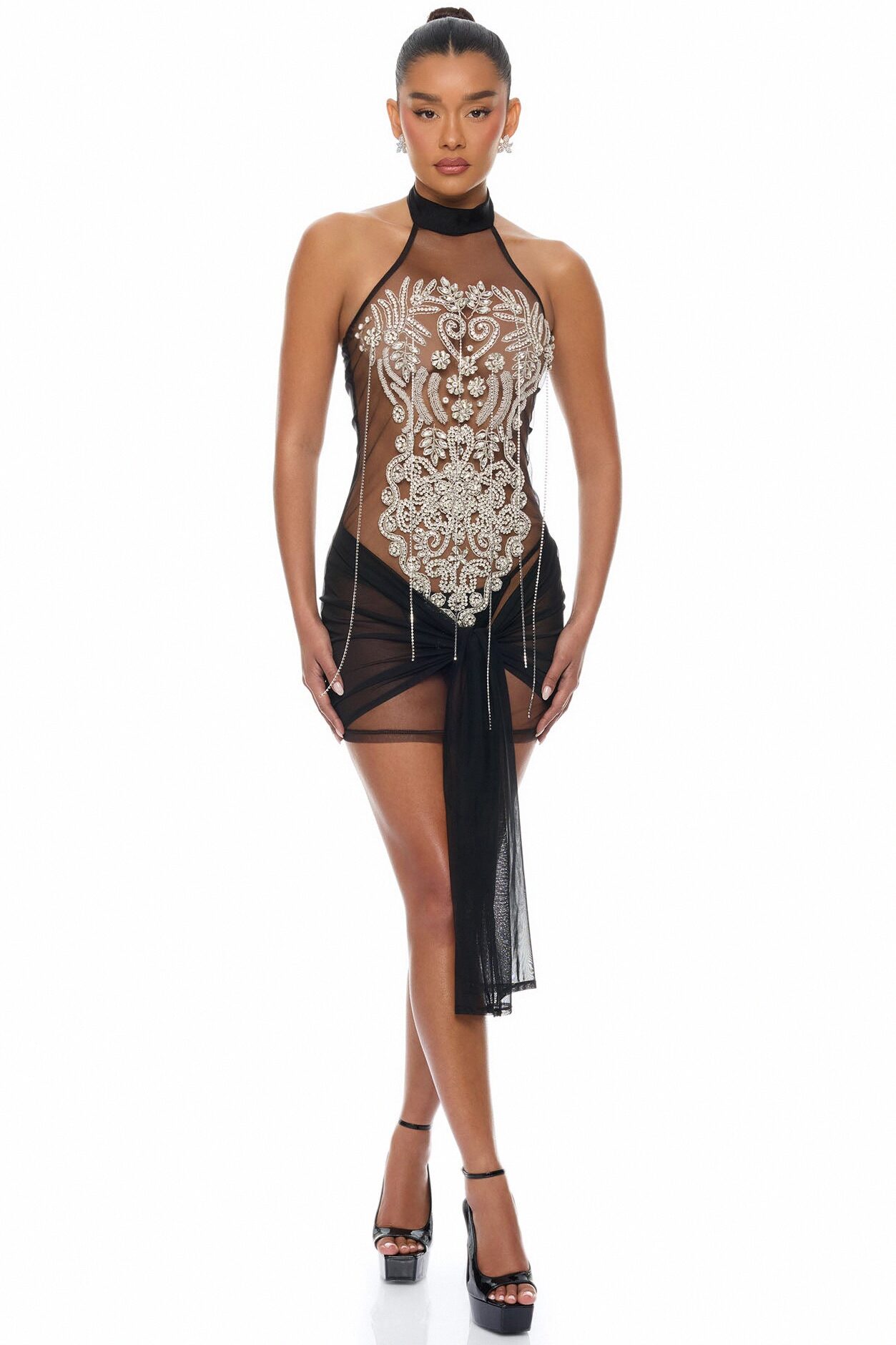 Jaw Dropped Rhinestone Mini Dress - Black