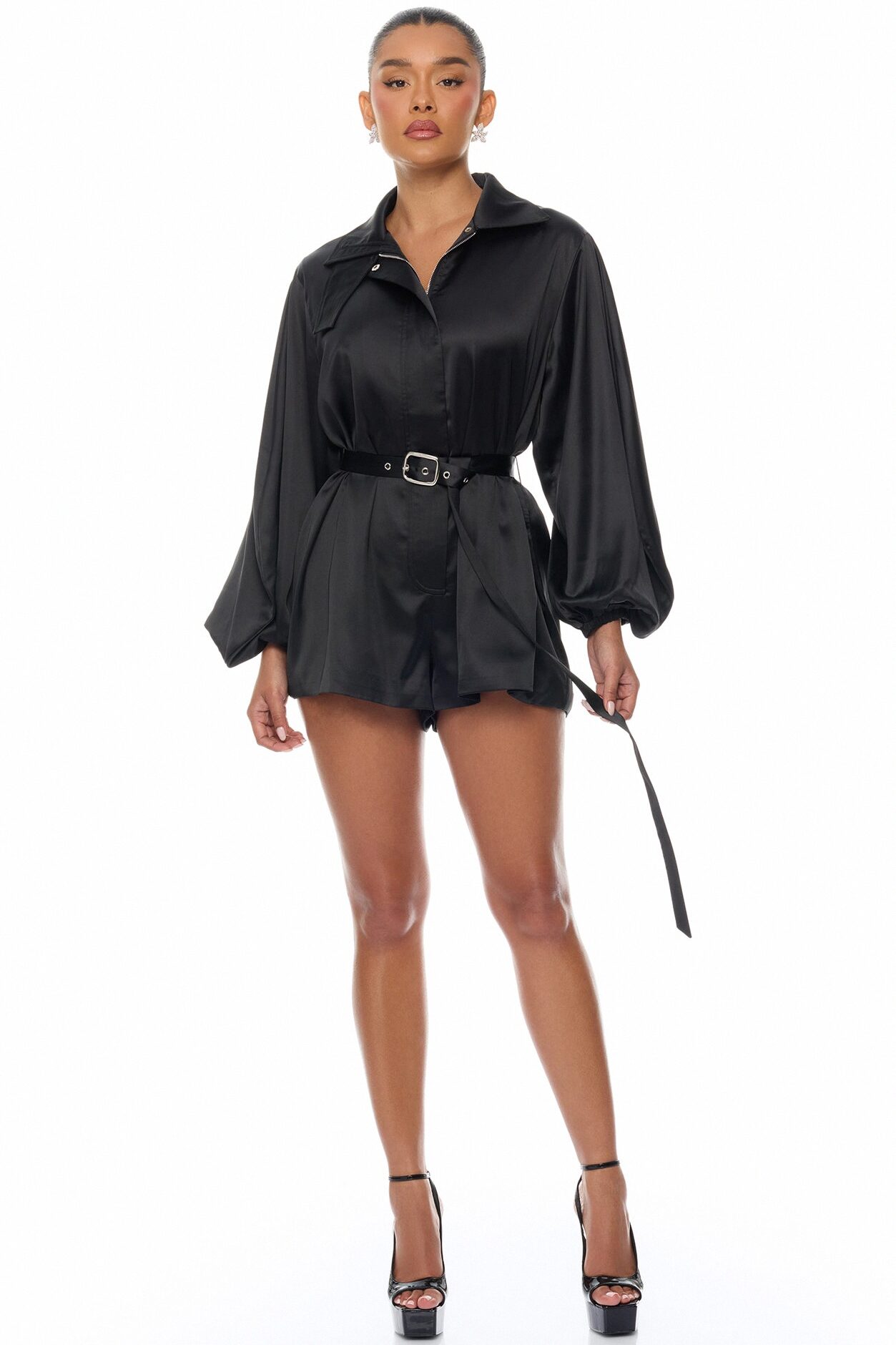 Izabel Balloon Sleeve Satin Romper - Black