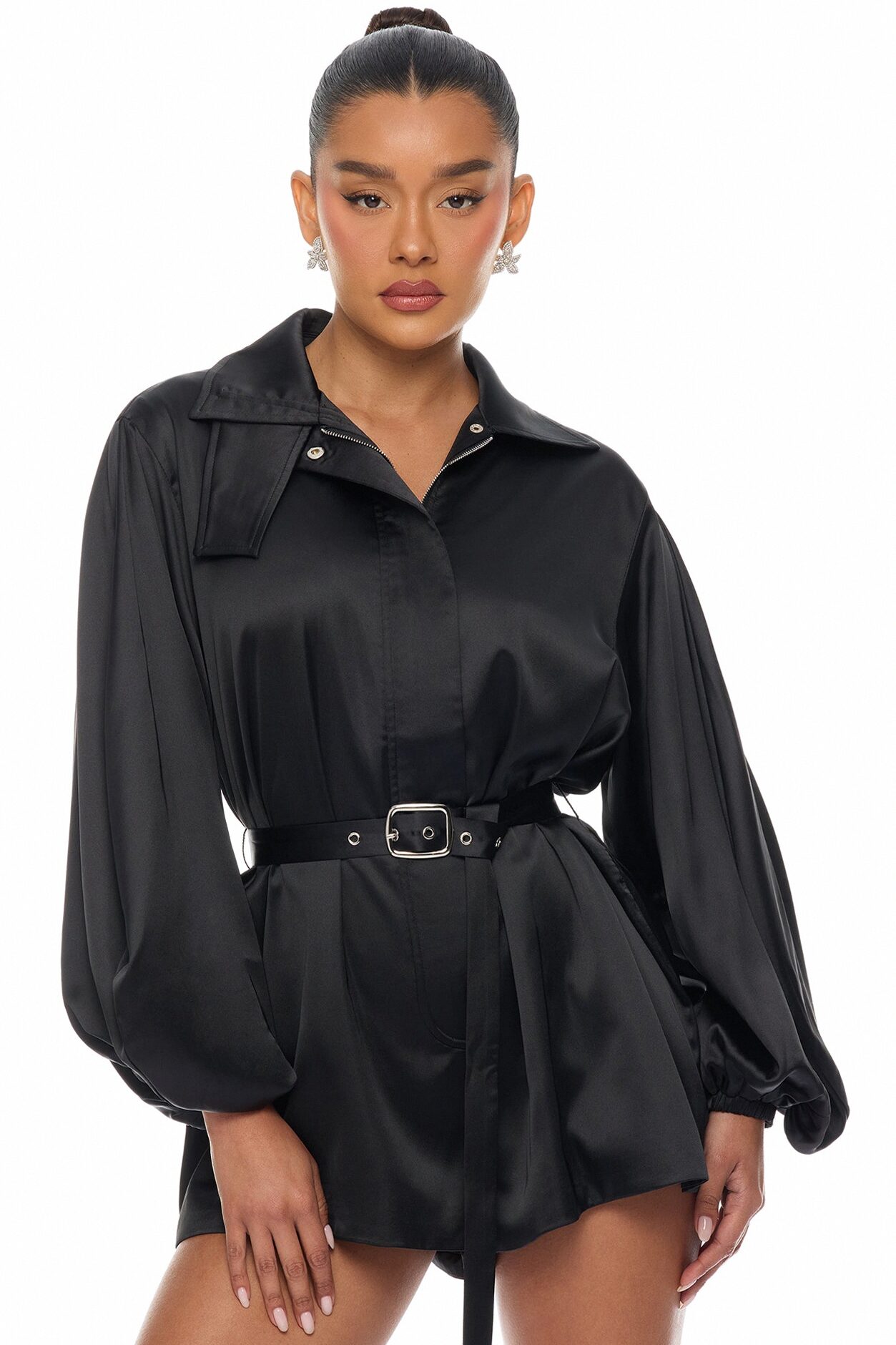 Izabel Balloon Sleeve Satin Romper - Black