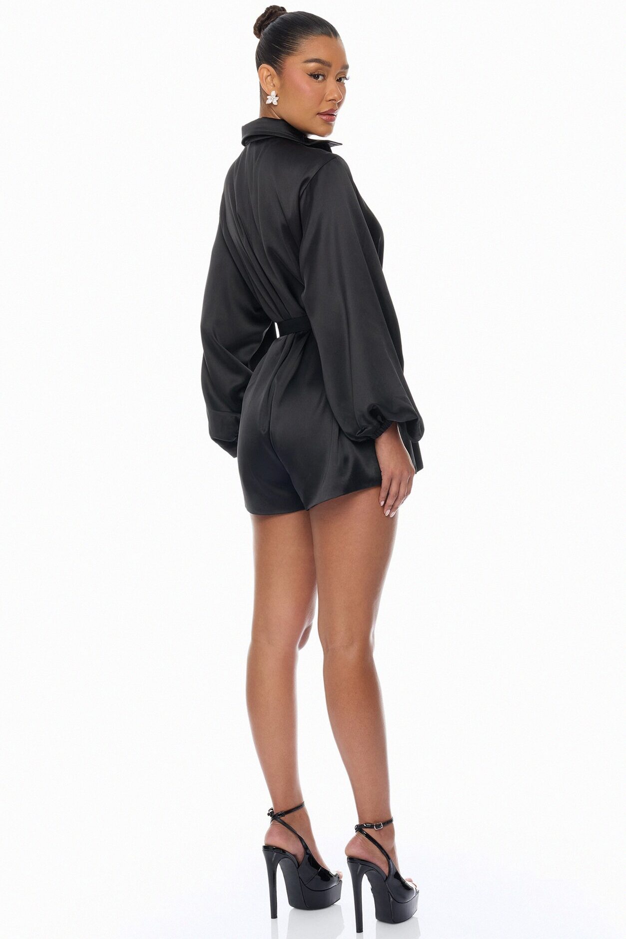 Izabel Balloon Sleeve Satin Romper - Black