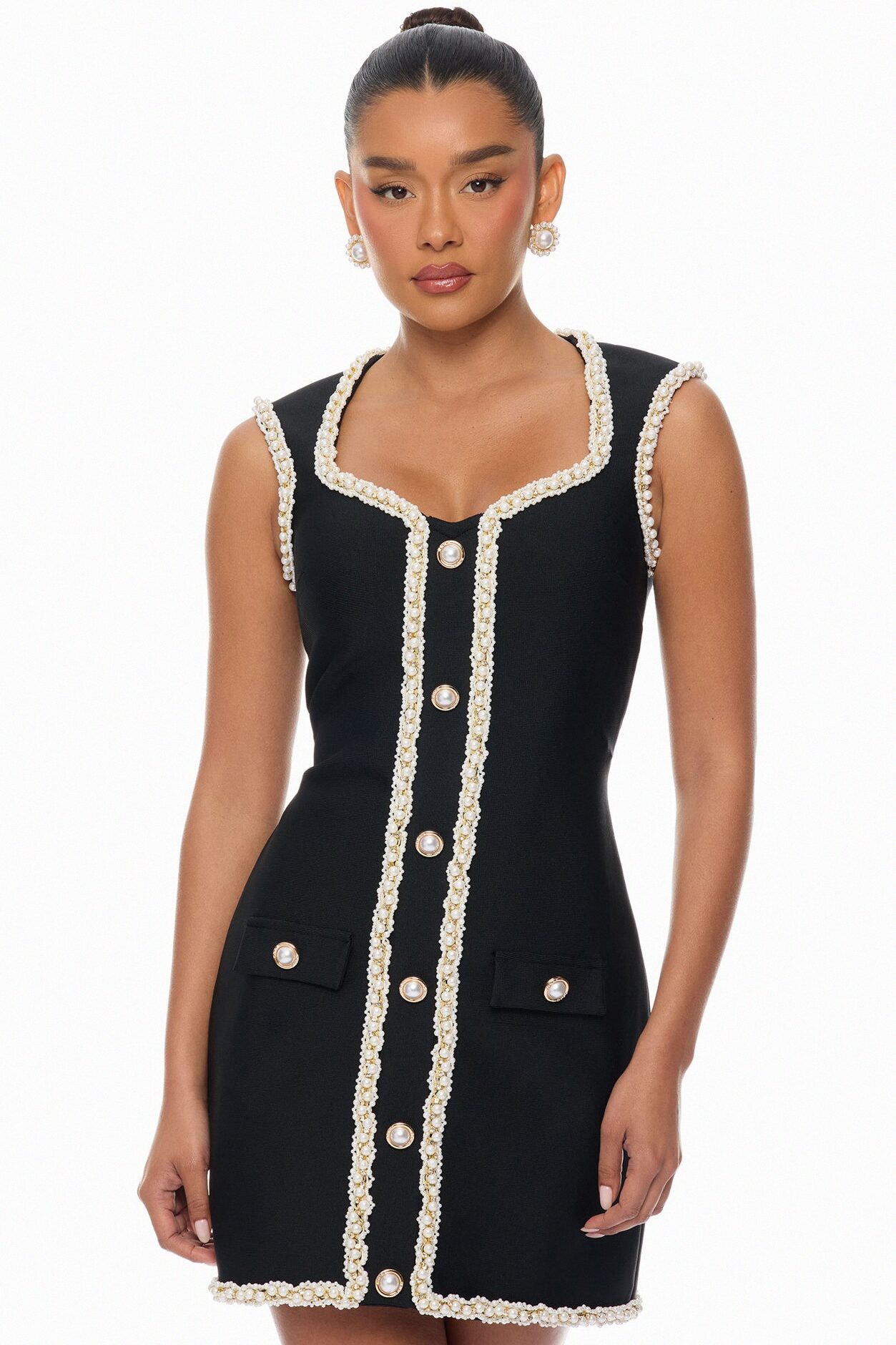 Victoria Pearl Trim Bandage Mini Dress - Black