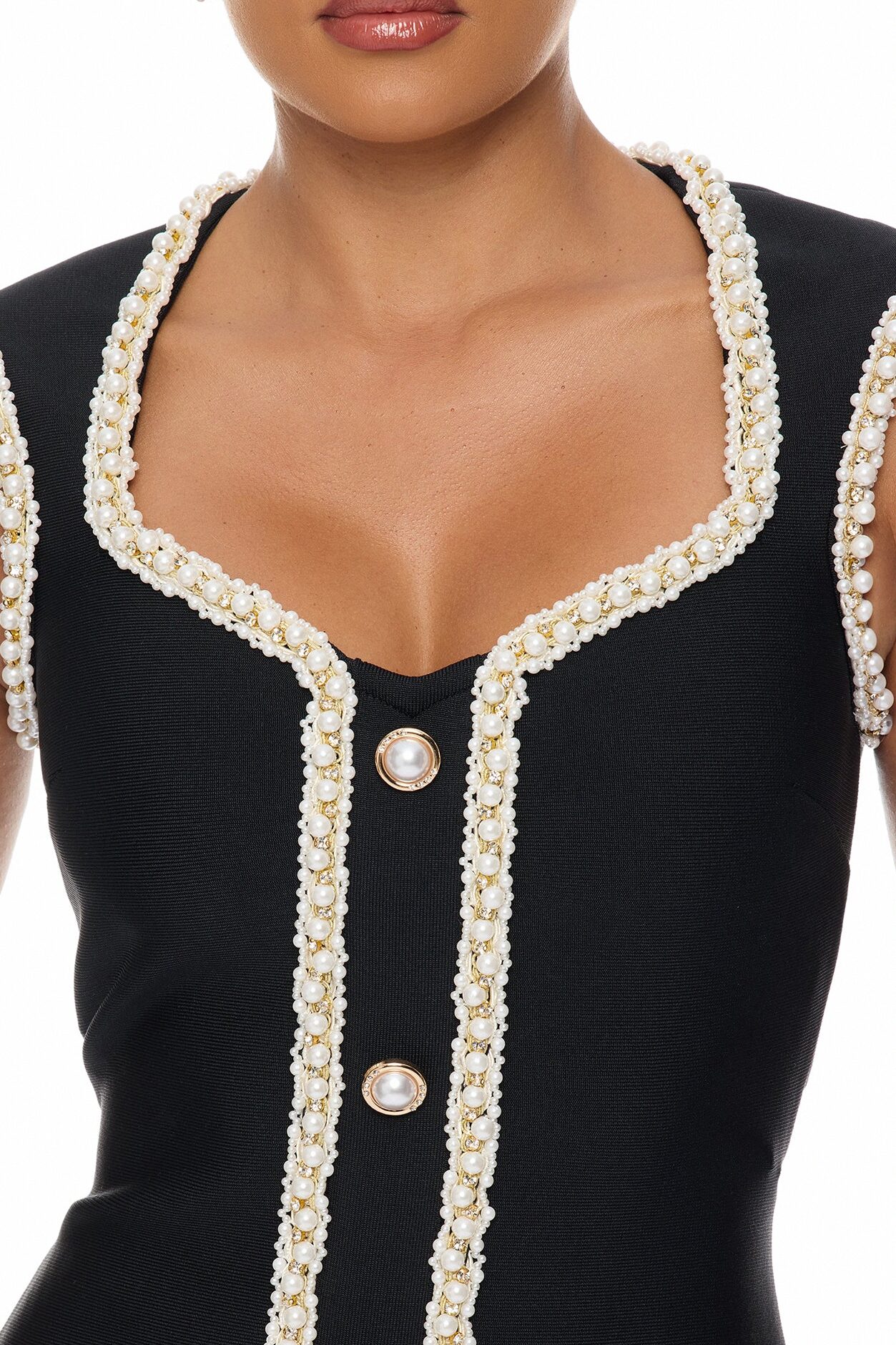 Victoria Pearl Trim Bandage Mini Dress - Black