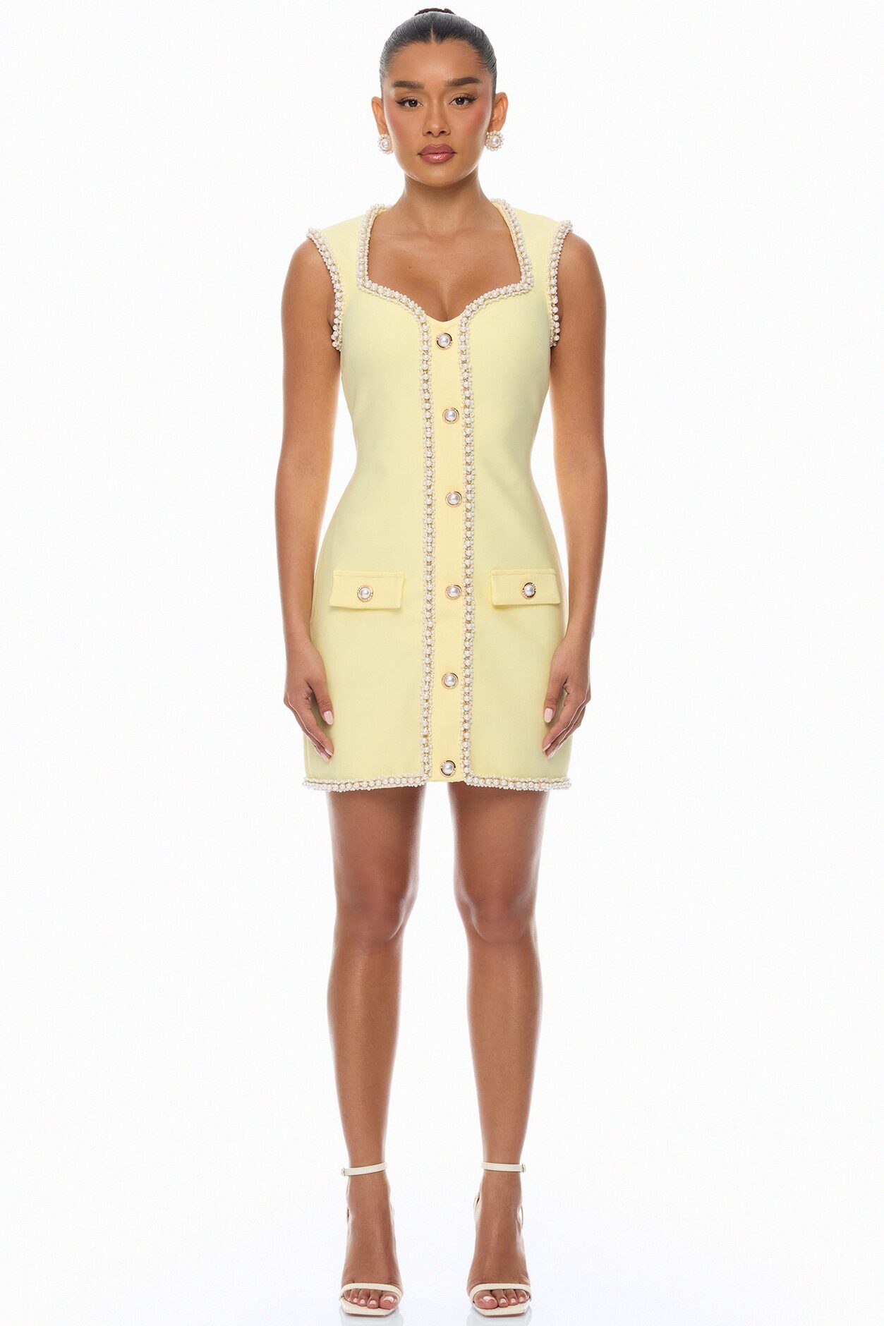 Victoria Pearl Trim Bandage Mini Dress - Butter Yellow