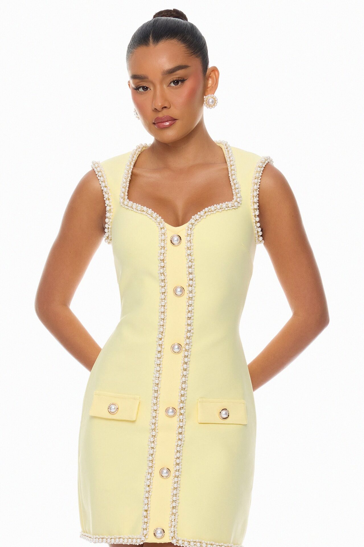 Victoria Pearl Trim Bandage Mini Dress - Butter Yellow