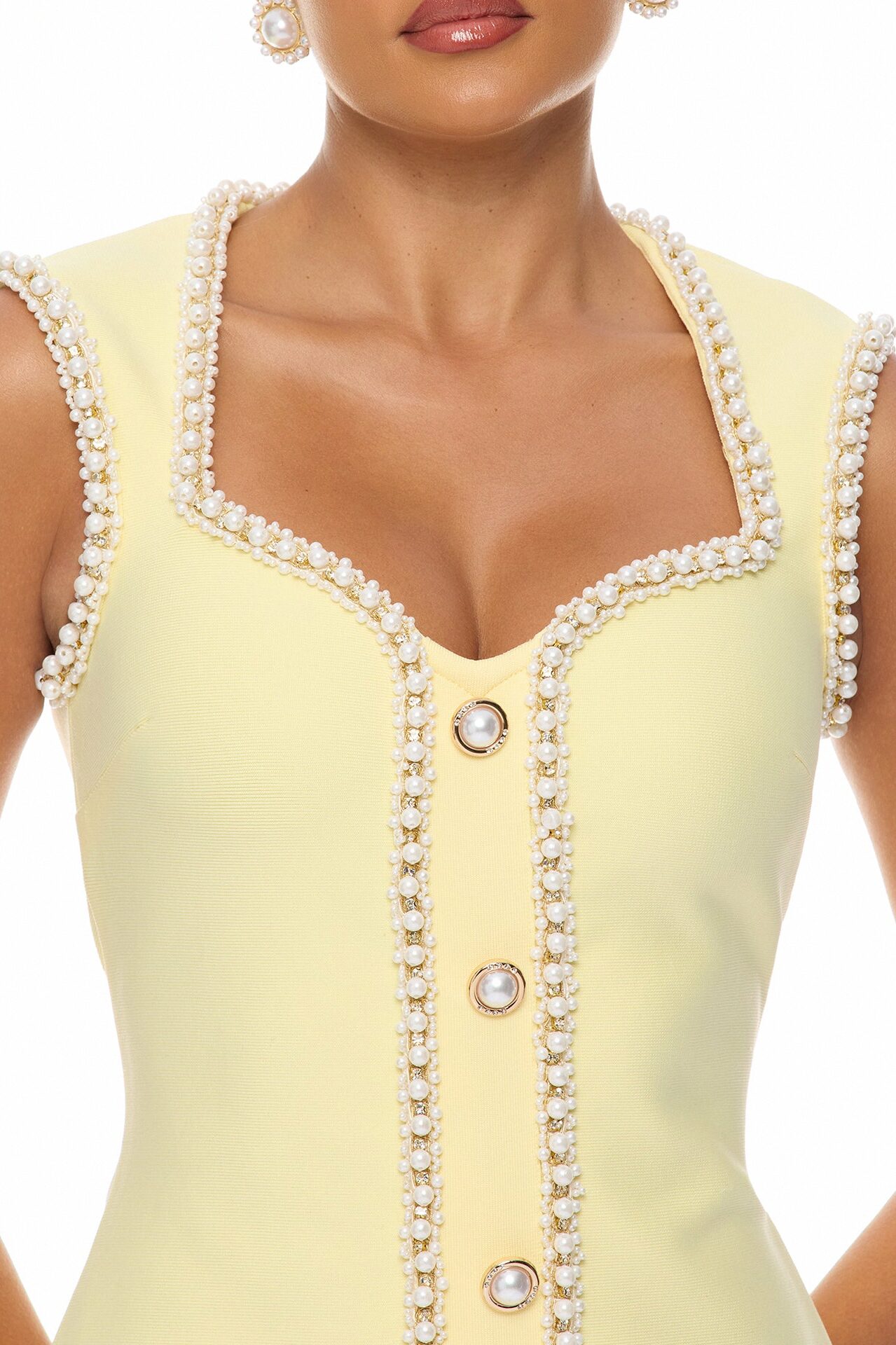 Victoria Pearl Trim Bandage Mini Dress - Butter Yellow