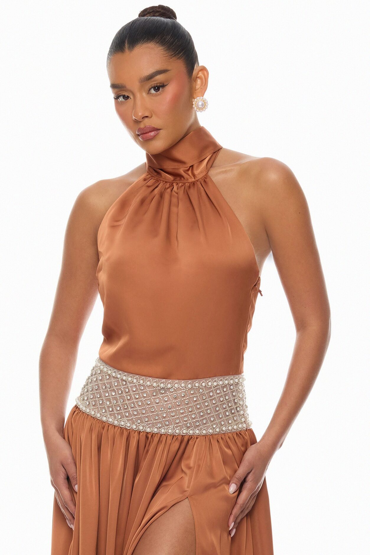 Anya Embellished Satin Maxi Dress - Bronze