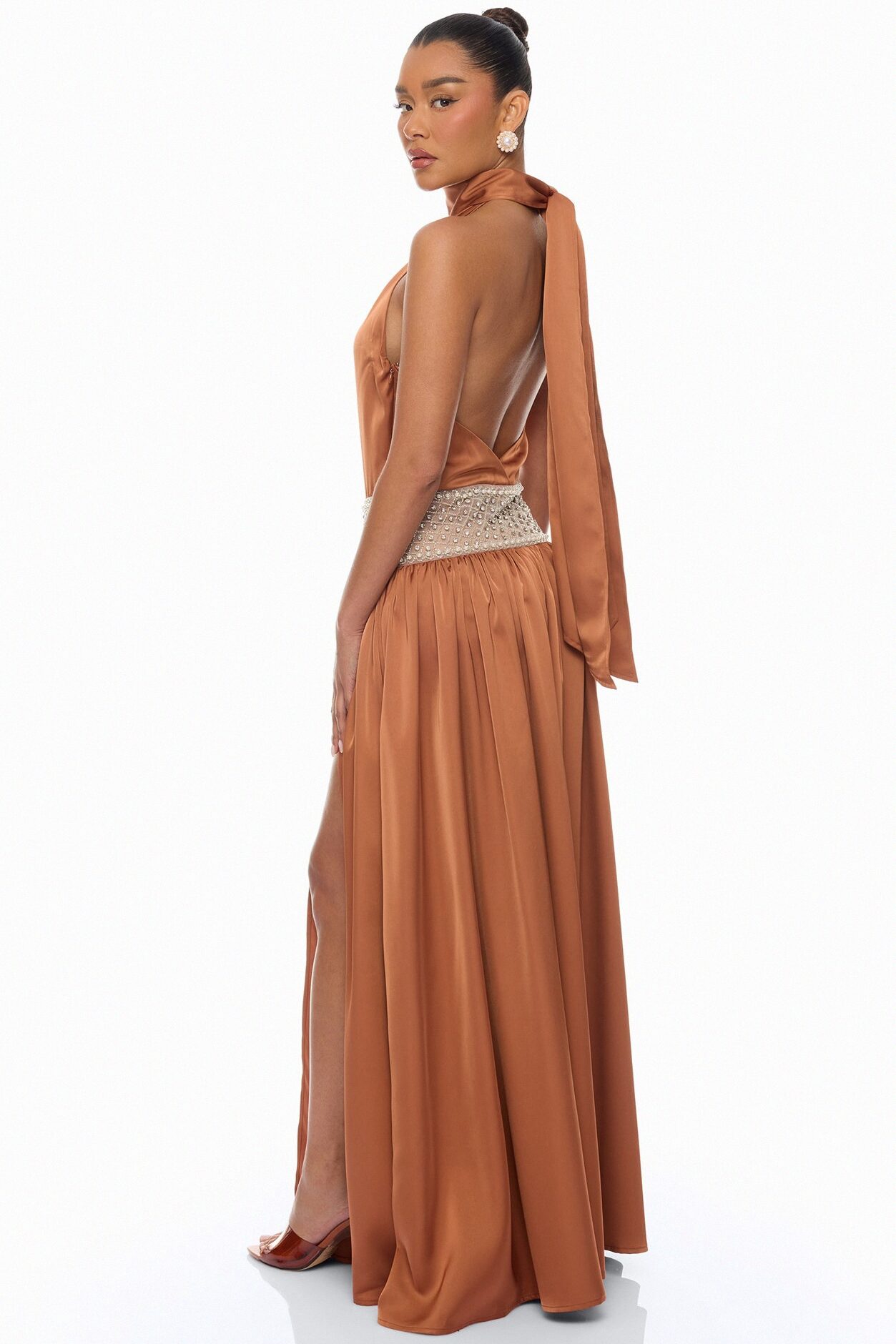 Anya Embellished Satin Maxi Dress - Bronze
