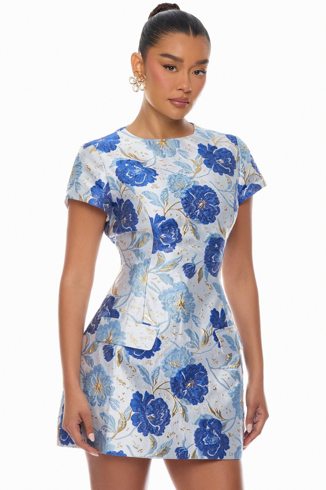 Florencia Short Sleeve Jacquard Mini Dress - Blue/combo