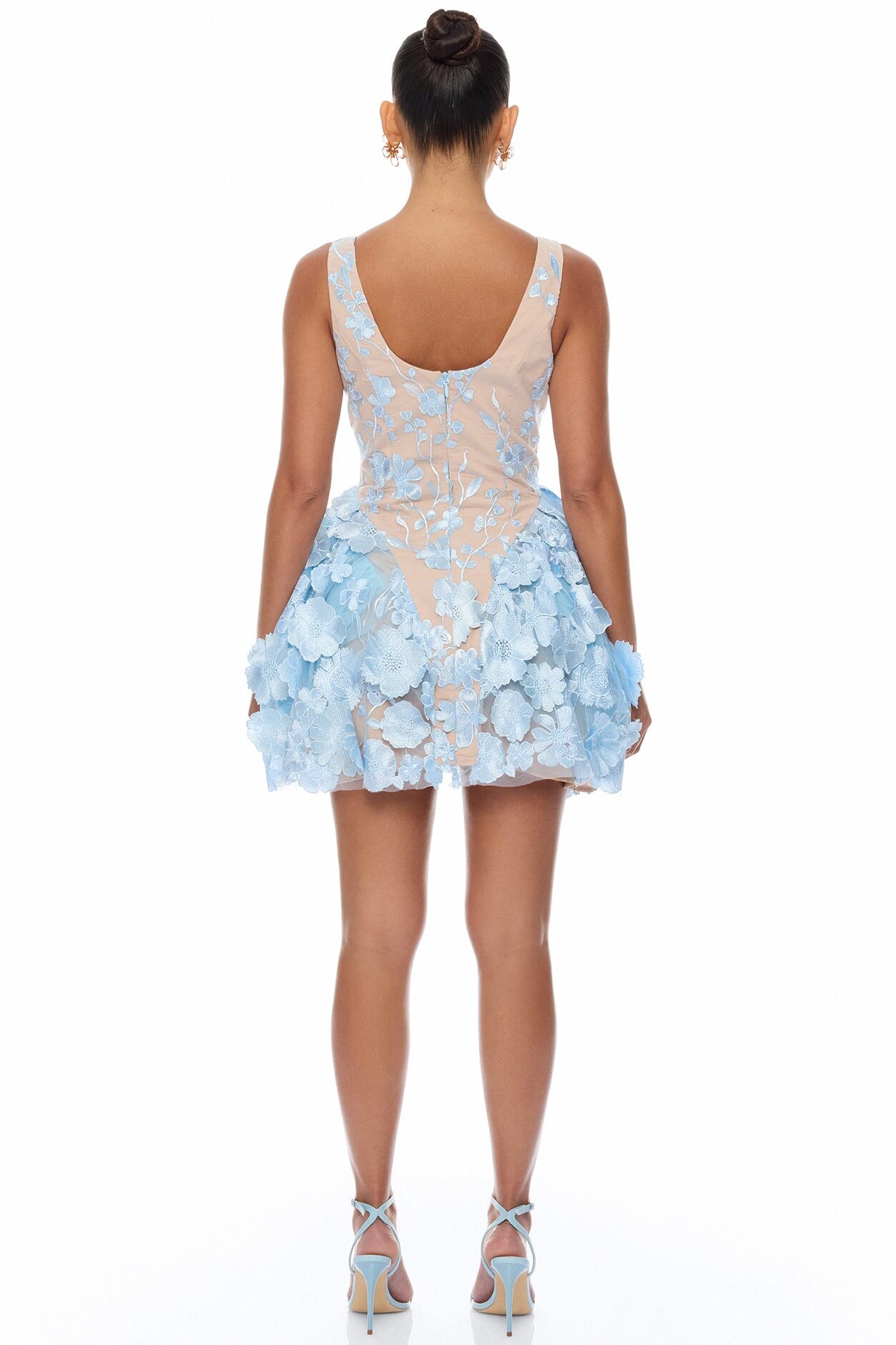 Garden Grace Floral Embroidered Mini Dress - Light Blue