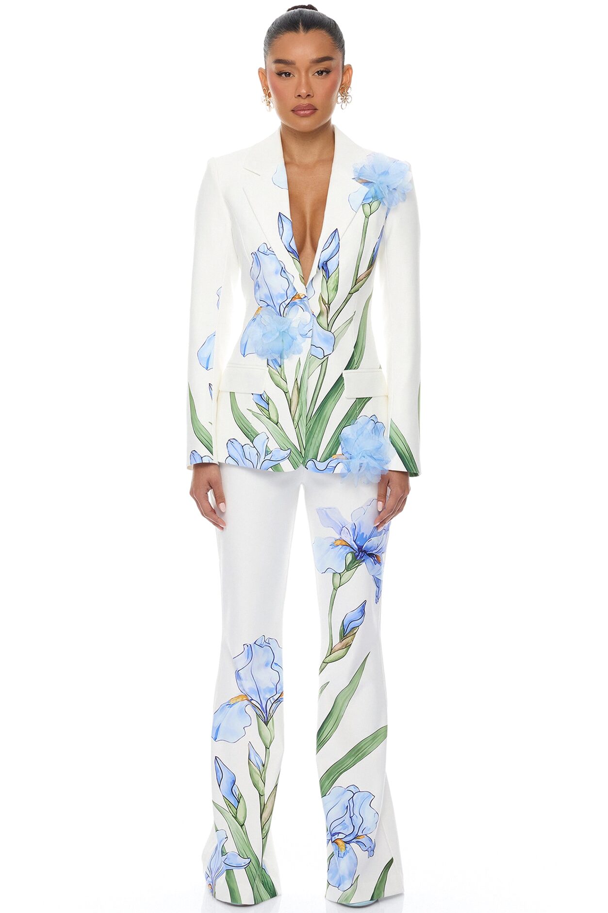Floral Fantasy Crepe Blazer Pant Set - Blue/combo