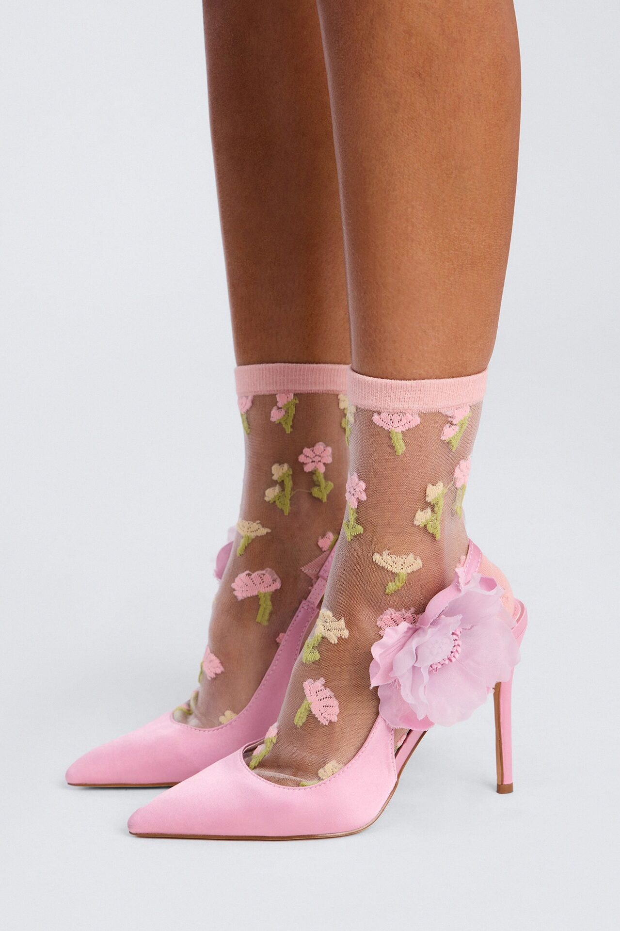 Pink Flowers Sheer Crew Socks - Pink/combo
