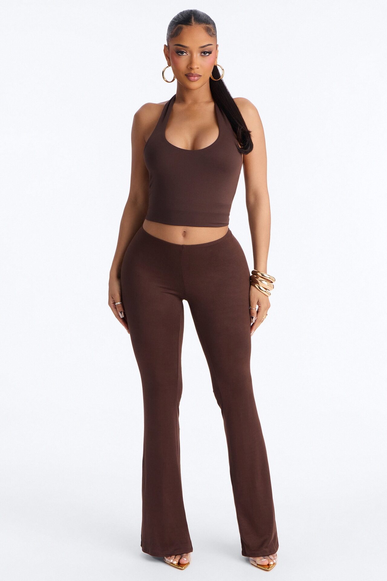 Feeling Cheeky Low Rise Ruched Butt Flare Pant - Chocolate