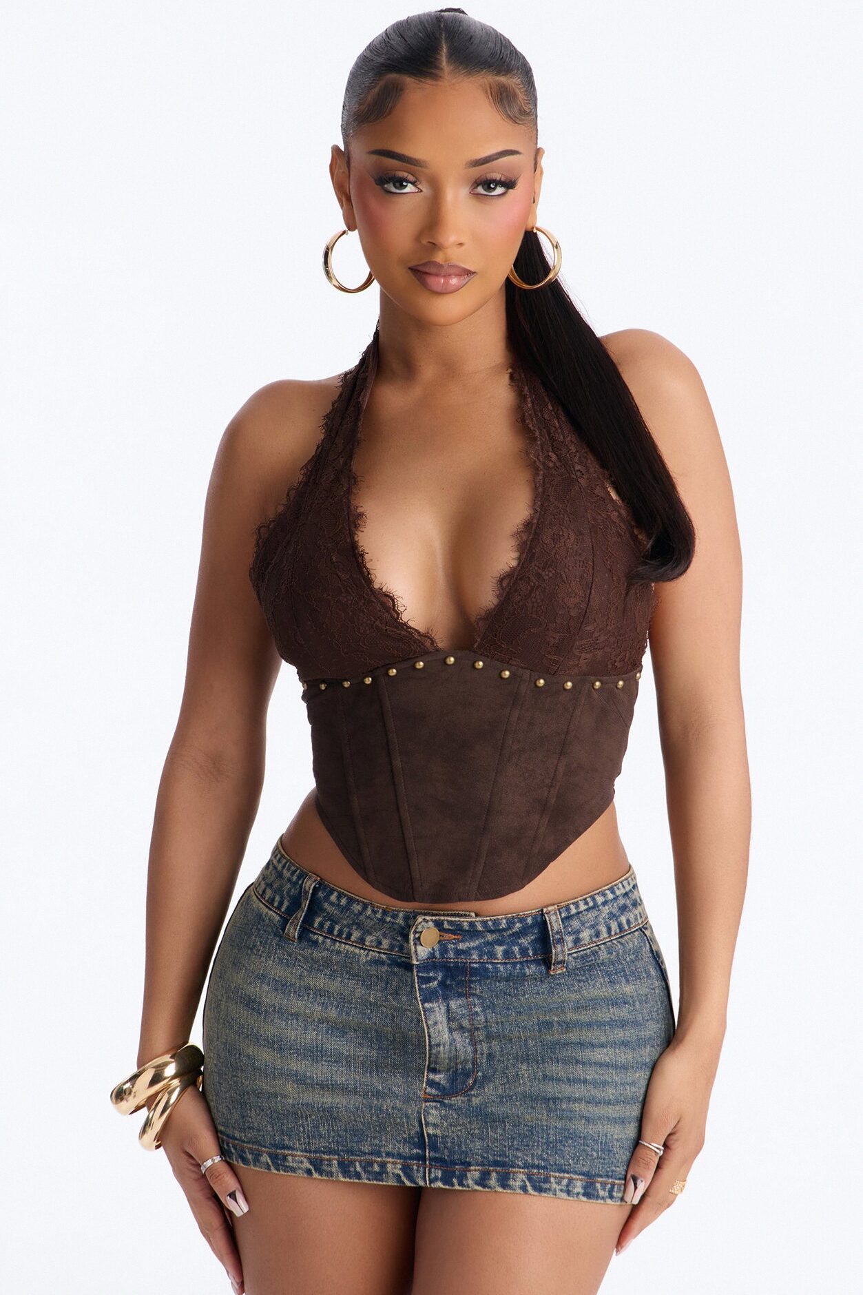 Fallon Faux Suede Studded Lace Halter Top - Brown