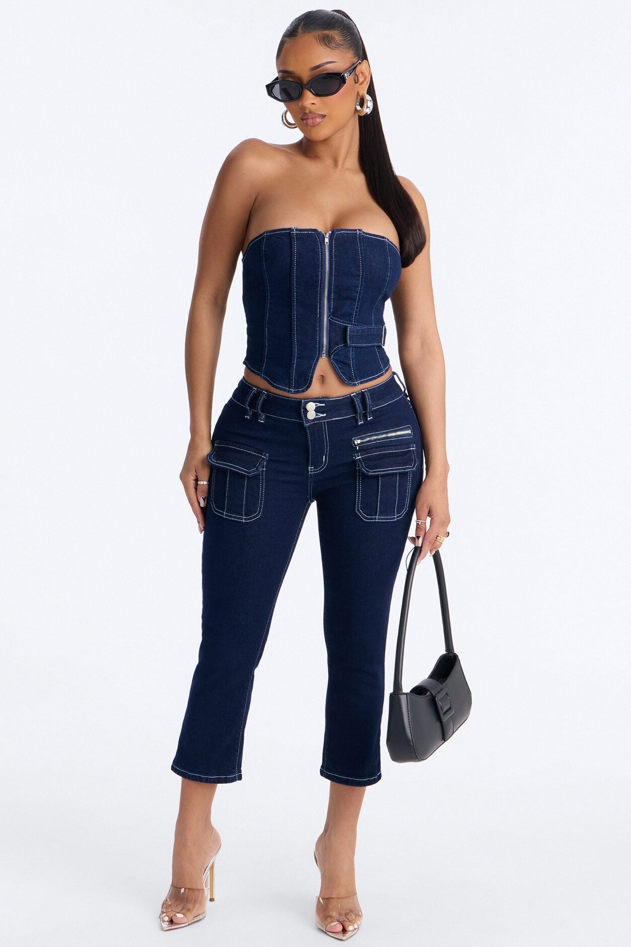 Urban Goddess Front Zip Belted Denim Top - Dark Wash