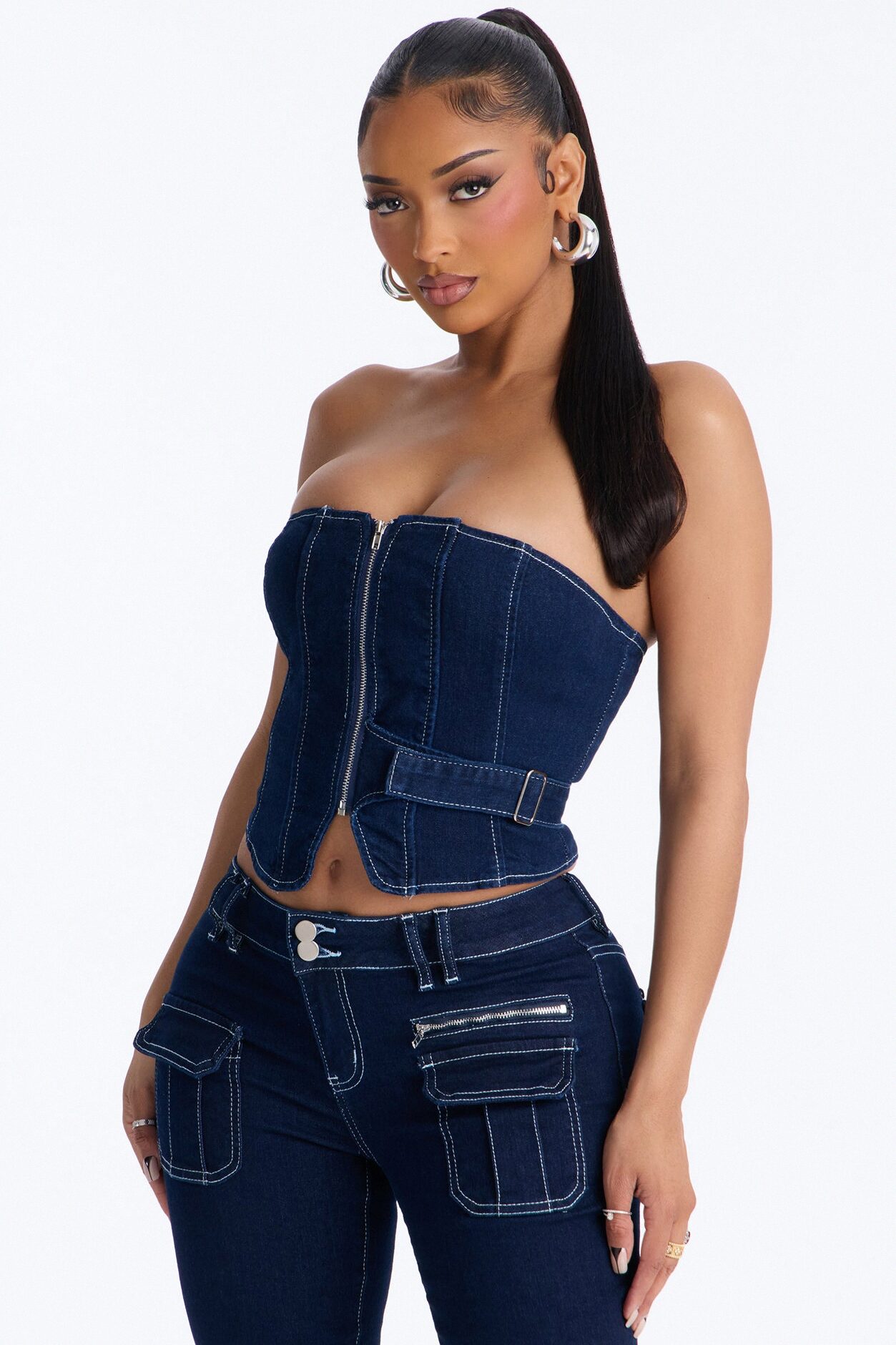 Urban Goddess Front Zip Belted Denim Top - Dark Wash