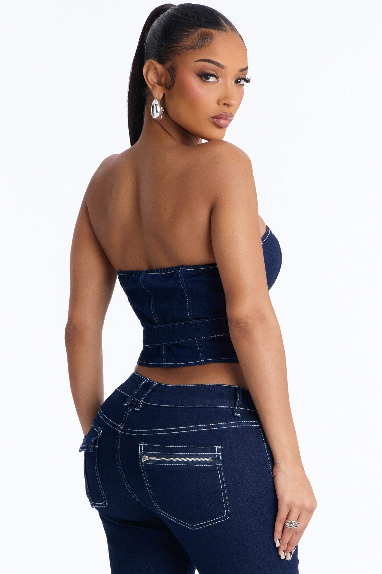 Urban Goddess Front Zip Belted Denim Top - Dark Wash