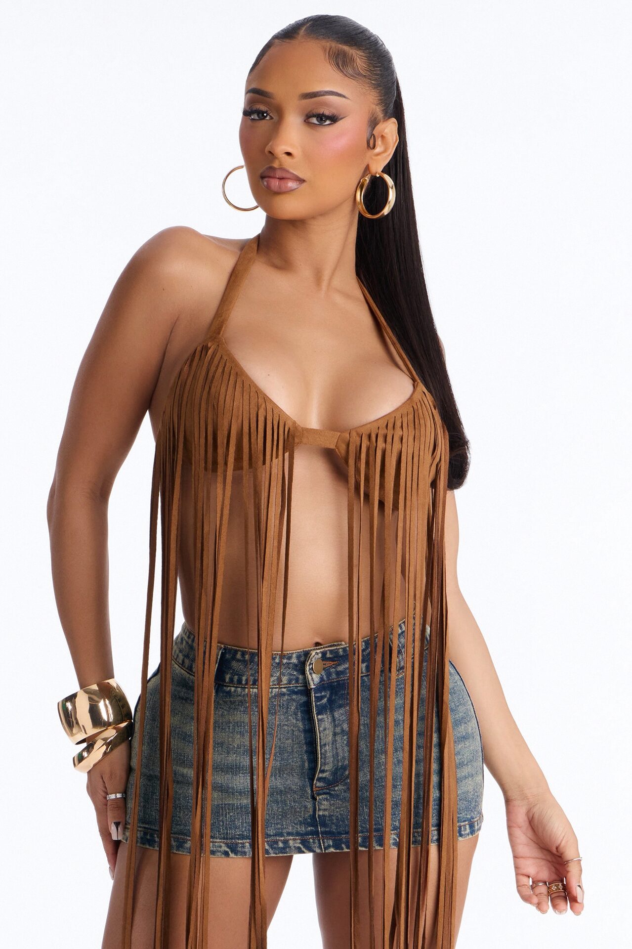 Stay Dramatic Fringe Halter Top - Tan