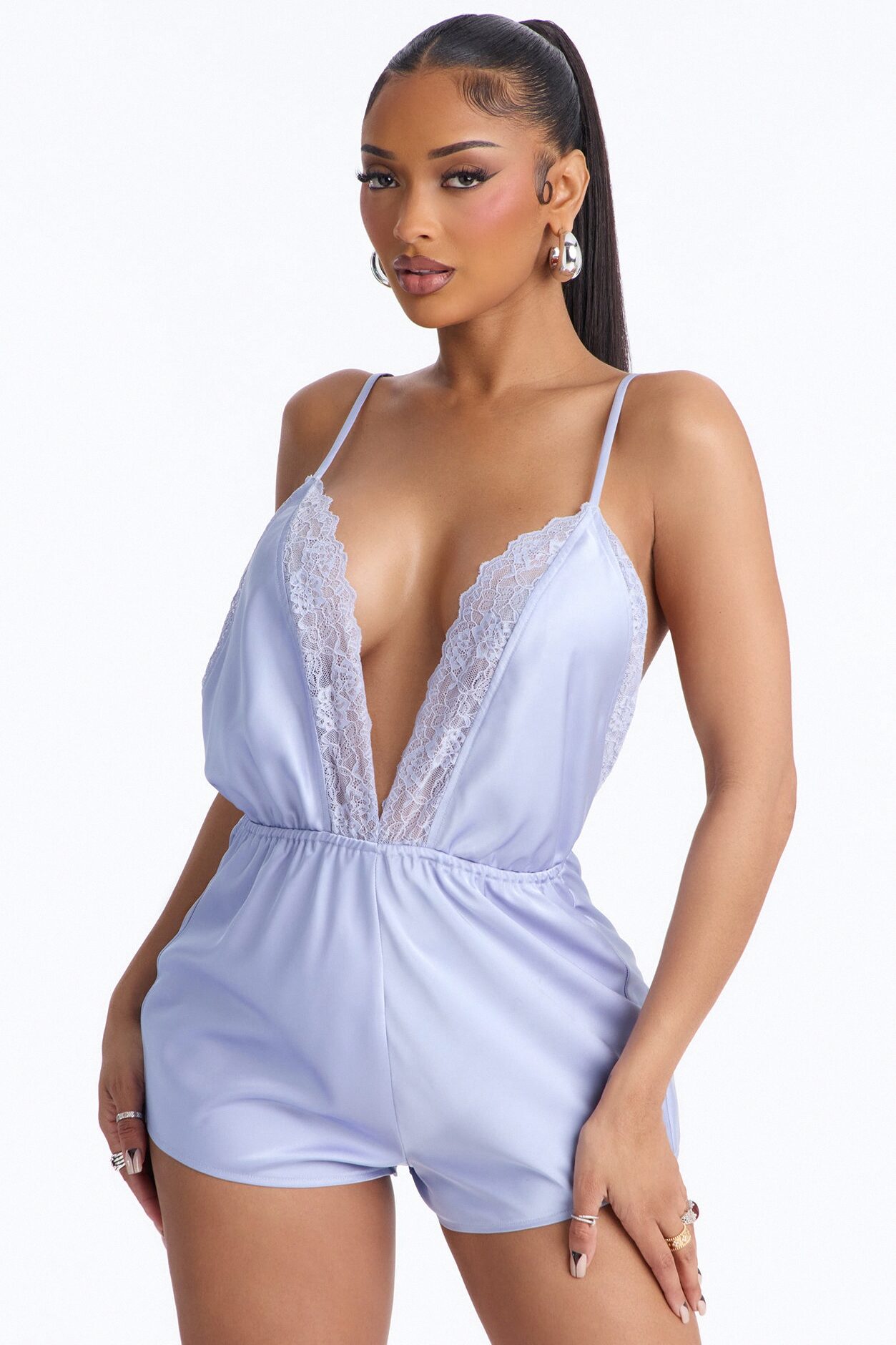 Grace Satin Backless Micro Romper - Dusty Blue