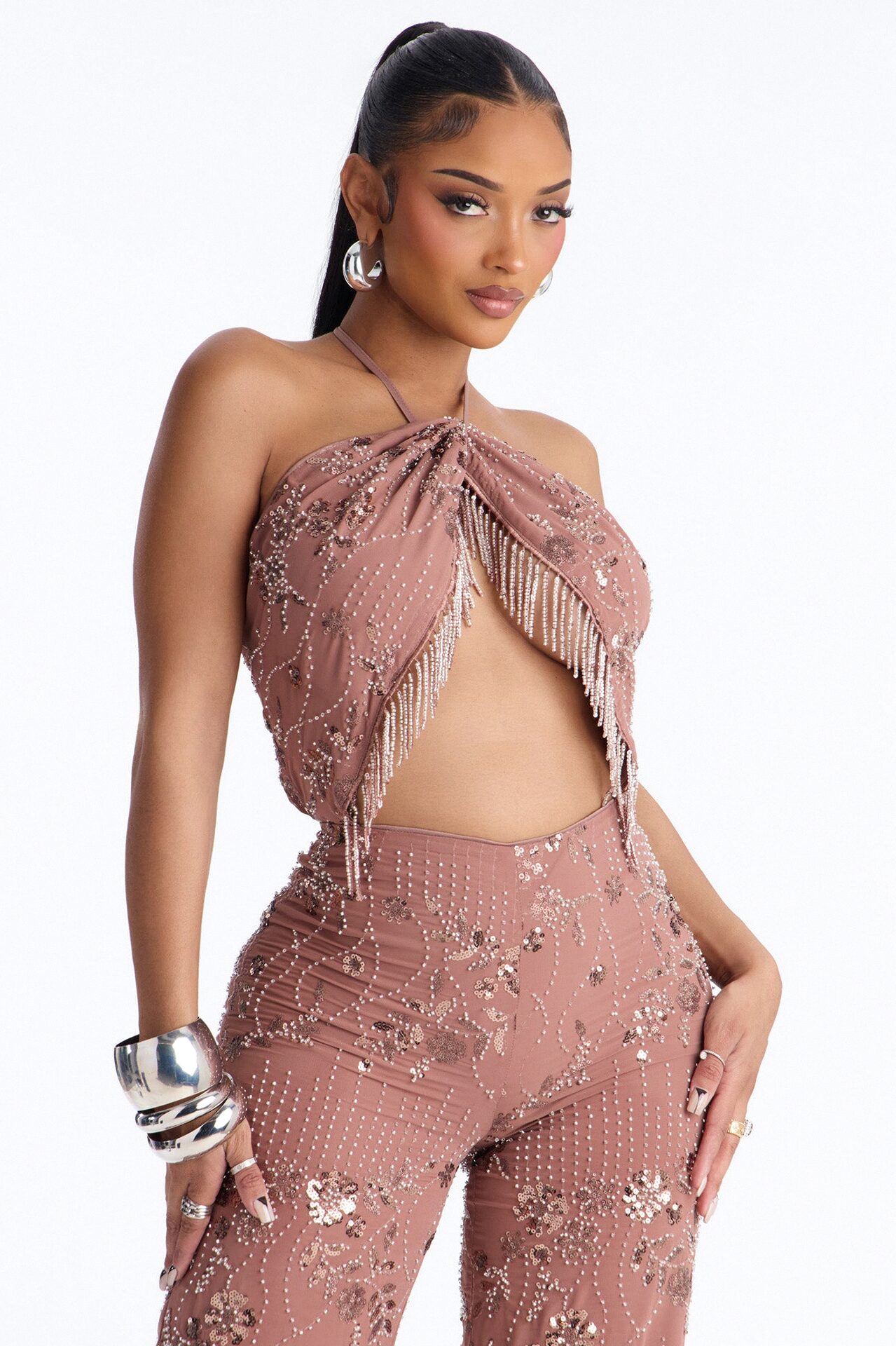 Anya Embellished Chiffon Jumpsuit - Chocolate