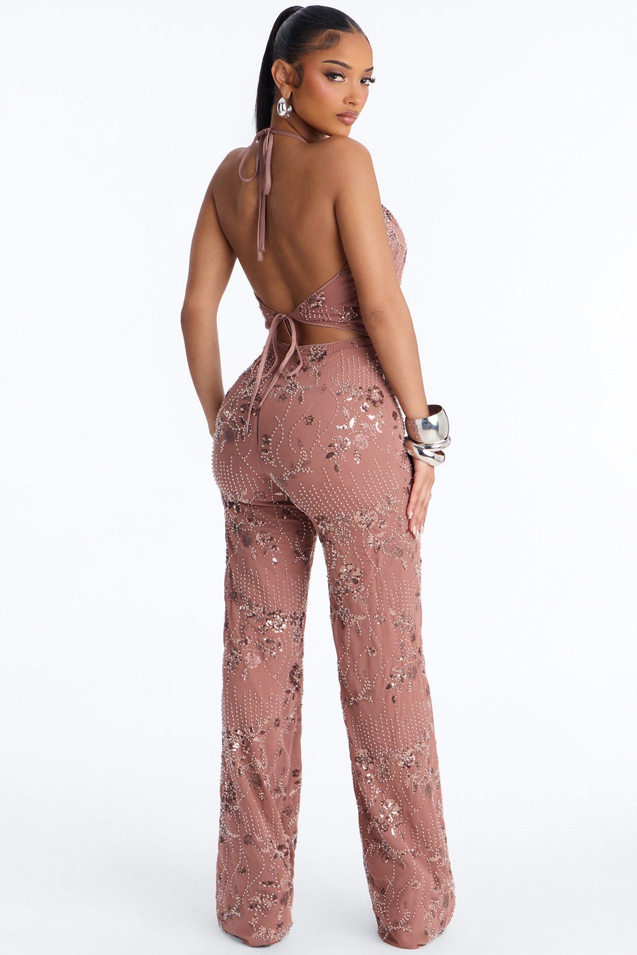 Anya Embellished Chiffon Jumpsuit - Chocolate