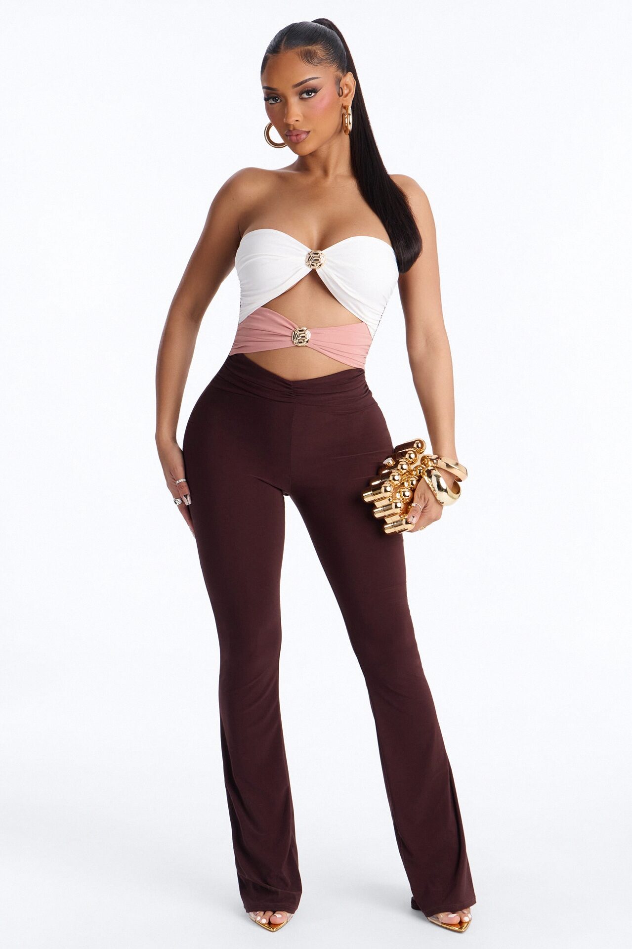 Selena Cut Out Flare Leg Jumpsuit - Brown/combo