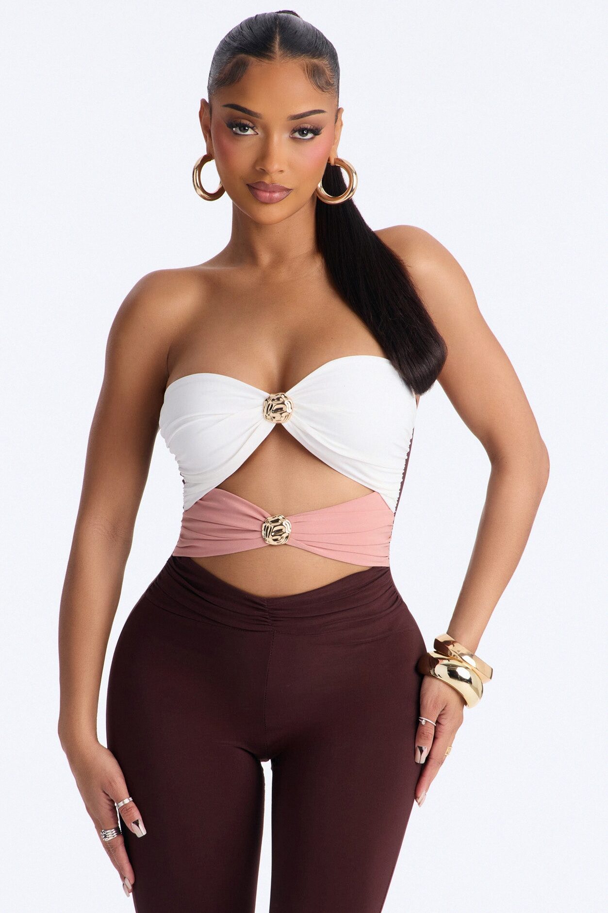 Selena Cut Out Flare Leg Jumpsuit - Brown/combo