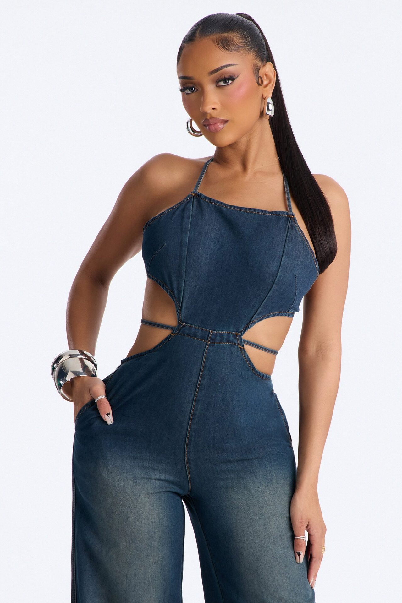 Jules Denim Cut Out Wide Leg Jumpsuit - Dark Wash