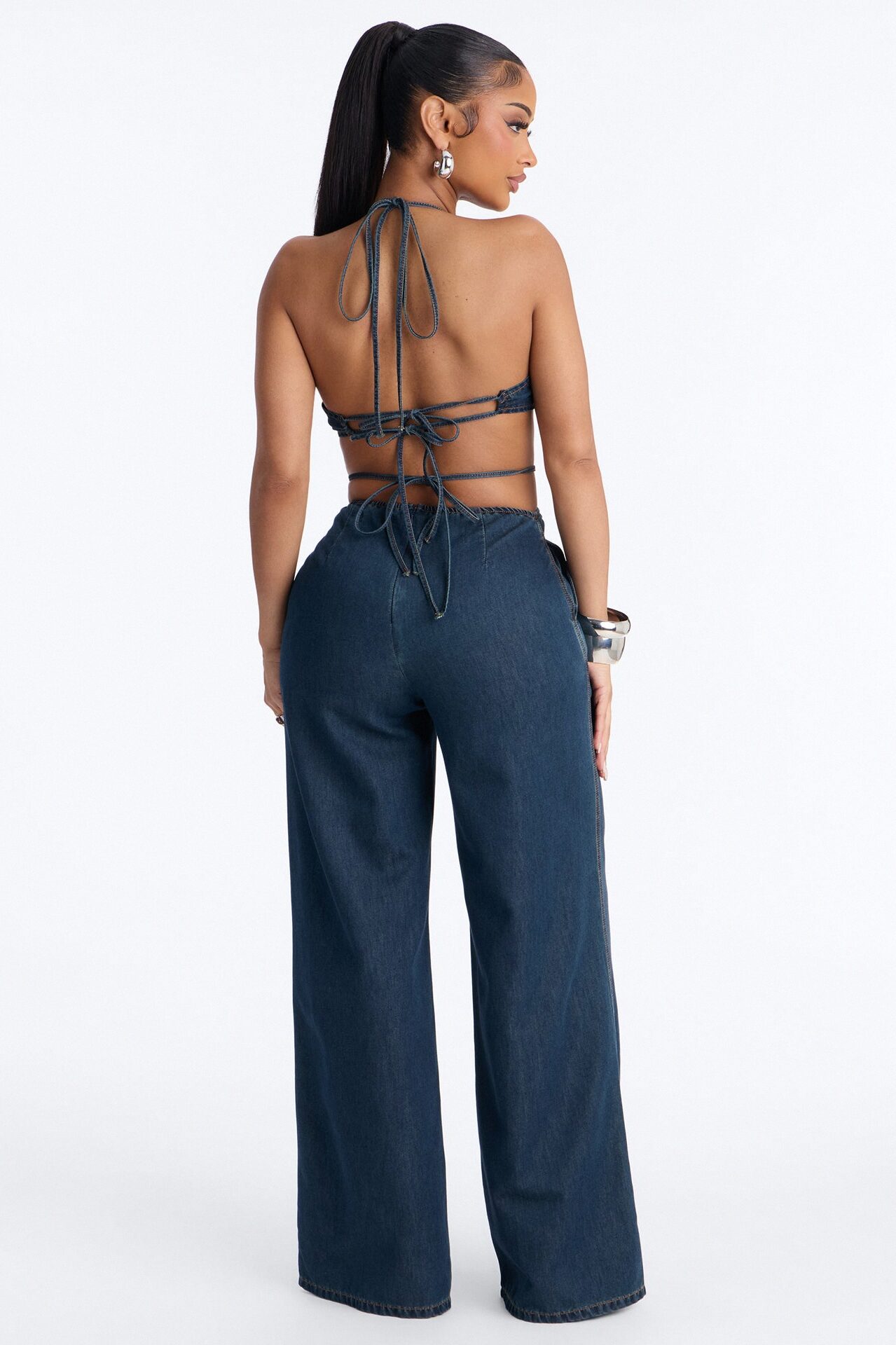 Jules Denim Cut Out Wide Leg Jumpsuit - Dark Wash
