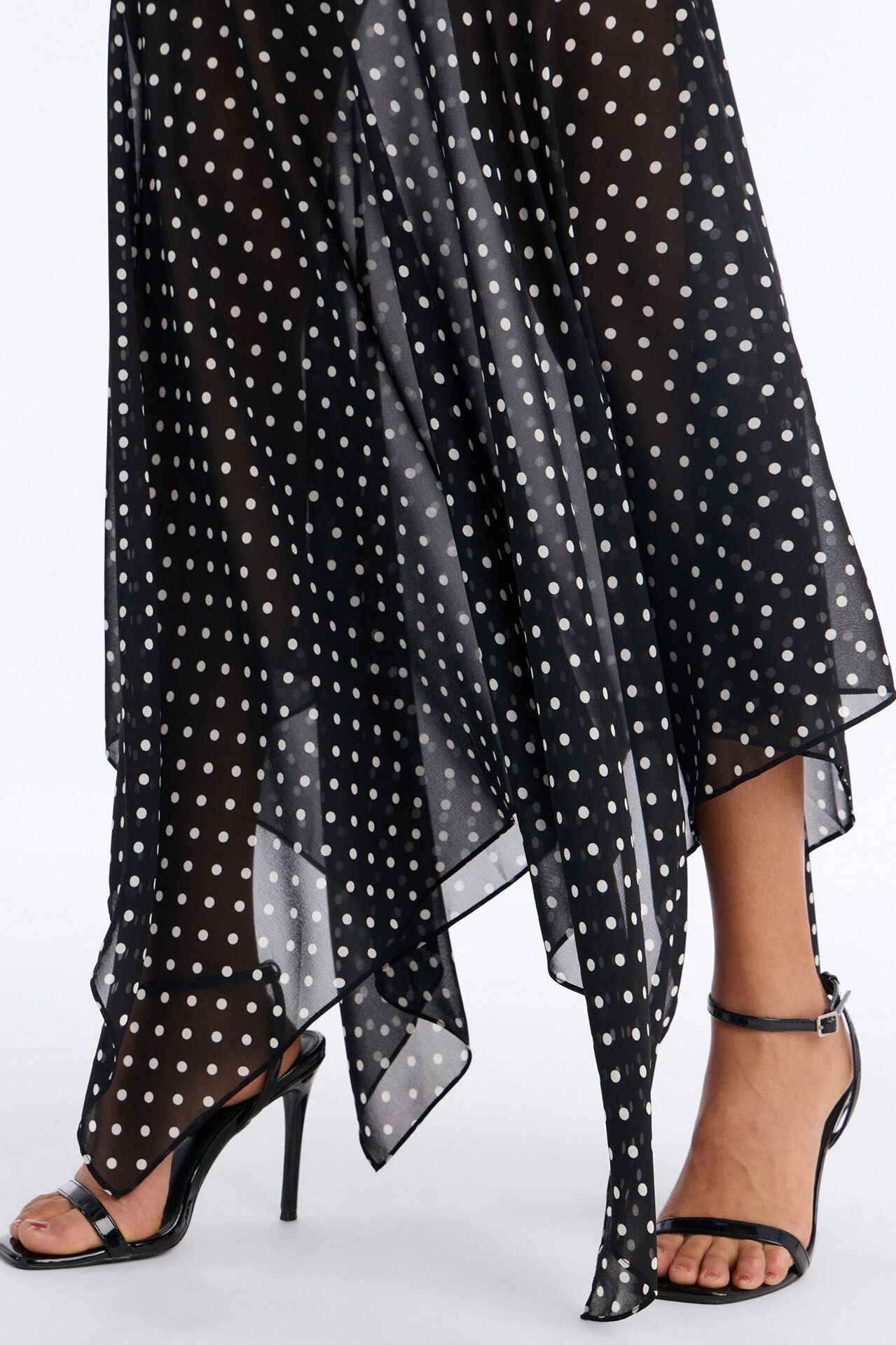 On The Dot Asymmetrical Chiffon Polka Dot Maxi Skirt - Black/White