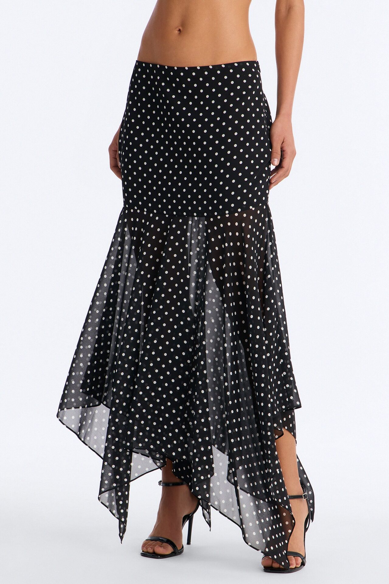 On The Dot Asymmetrical Chiffon Polka Dot Maxi Skirt - Black/White