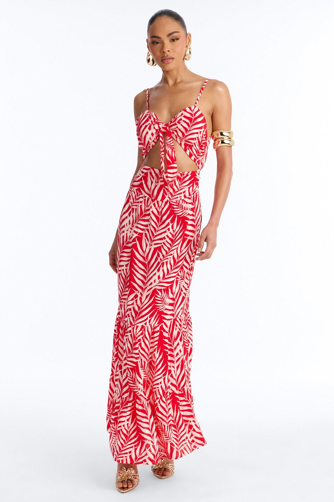 Kaylie Printed Tie Front Maxi Dress - Red/combo