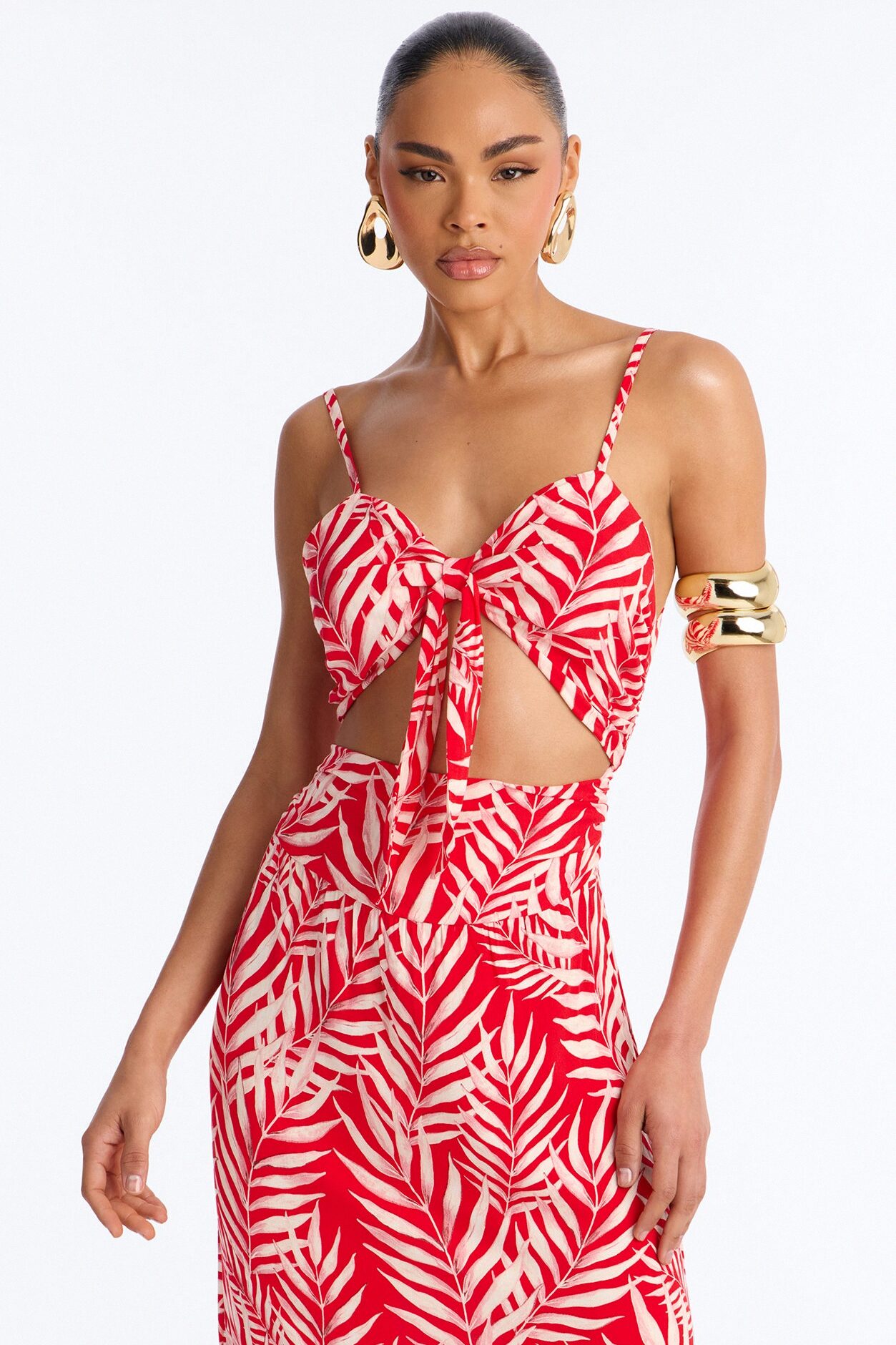 Kaylie Printed Tie Front Maxi Dress - Red/combo