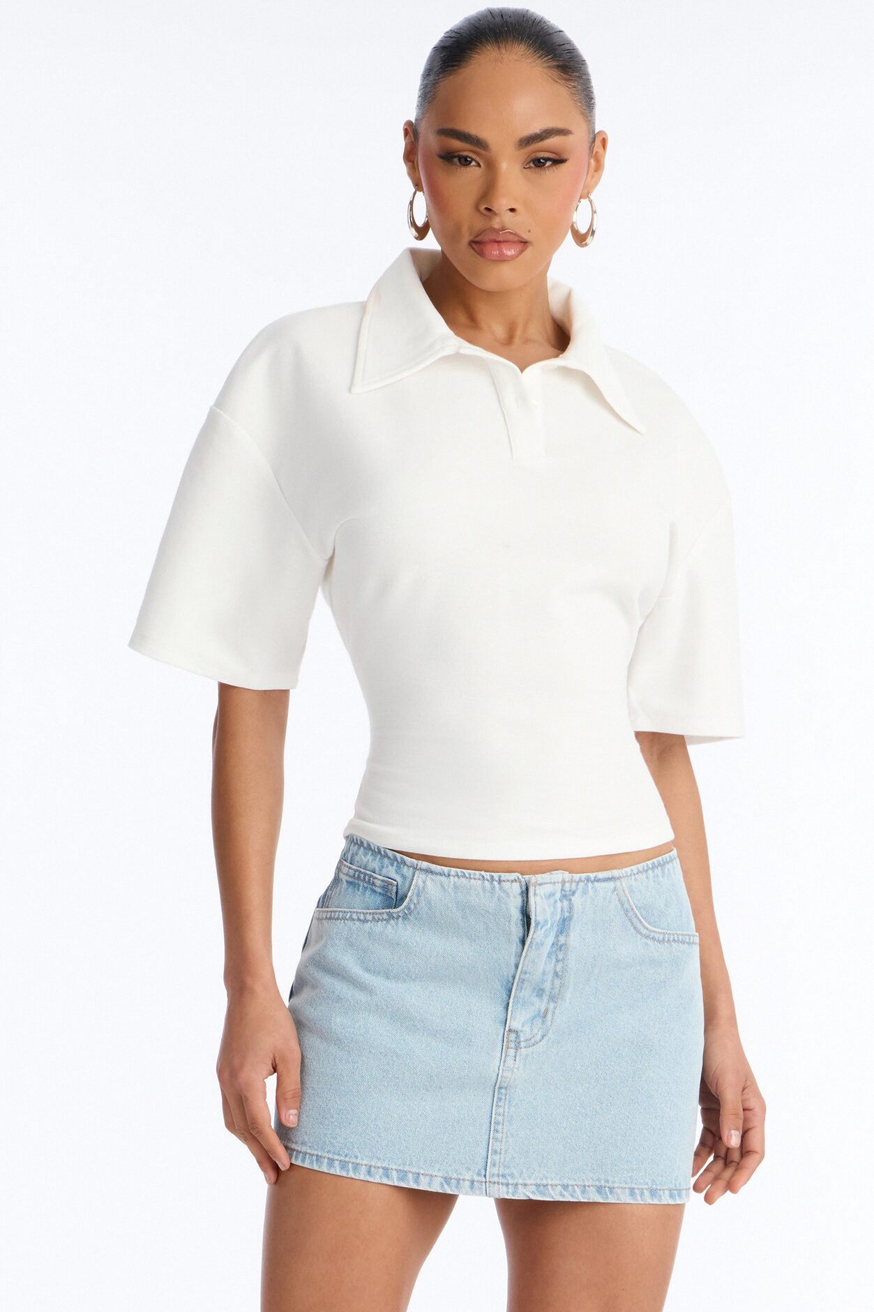 Street Serve Cinched Short Sleeve Polo Top - White