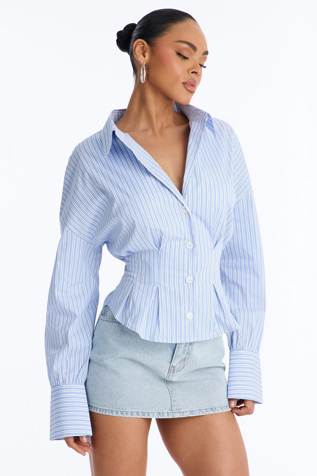 Living Proof Pleated Stripe Poplin Shirt - Blue/combo