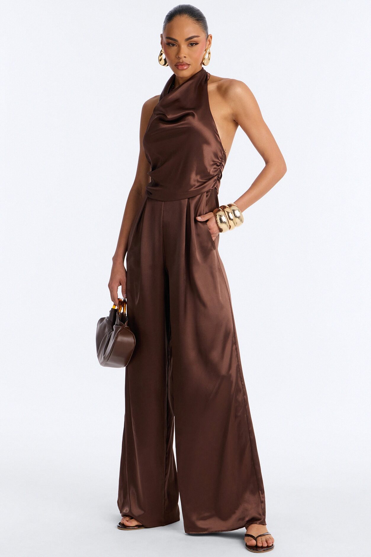 Valeria Satin High Neck Halter Jumpsuit - Chocolate