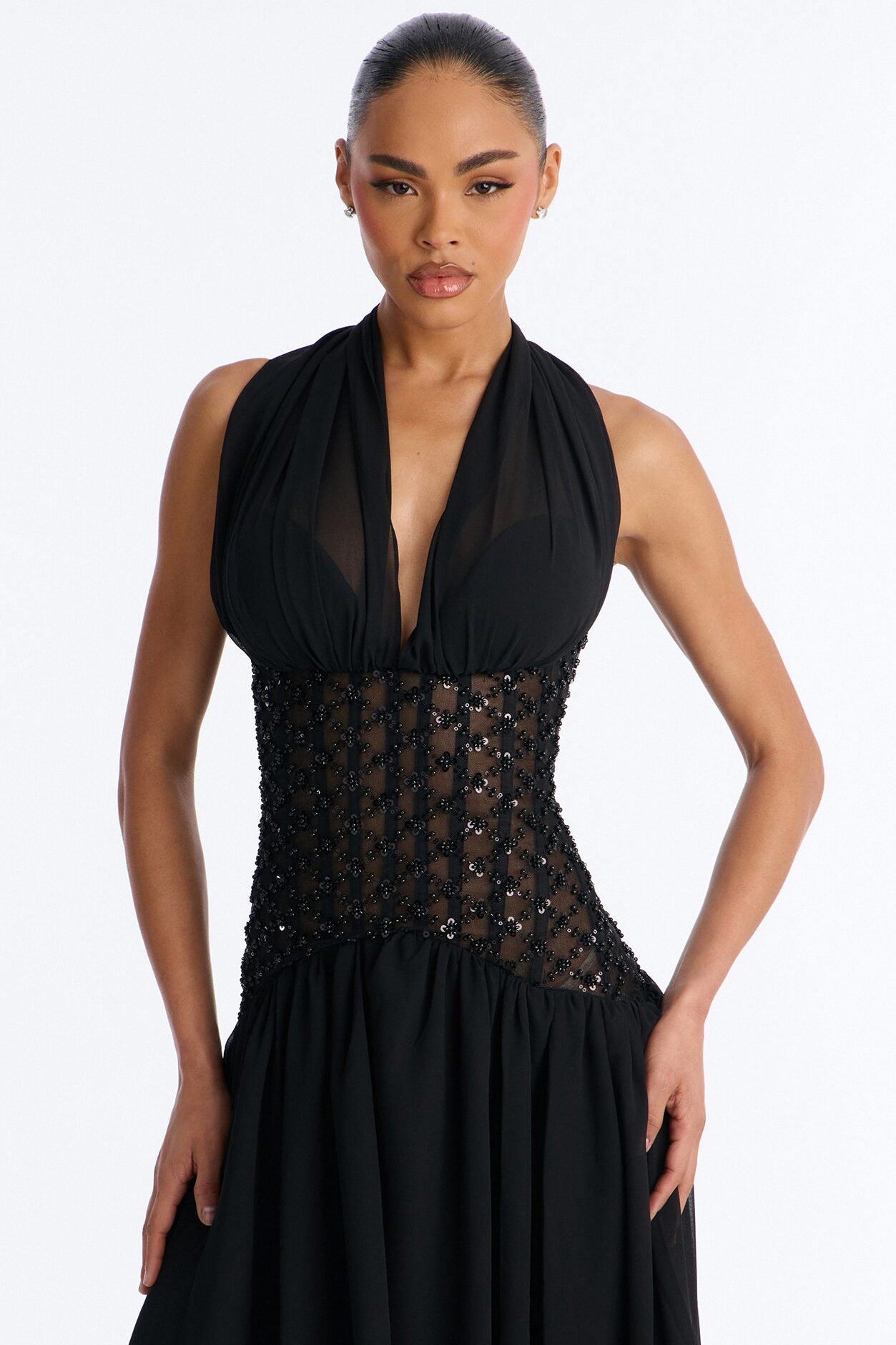 Radiant Aura Embellished Corset Maxi Dress - Black
