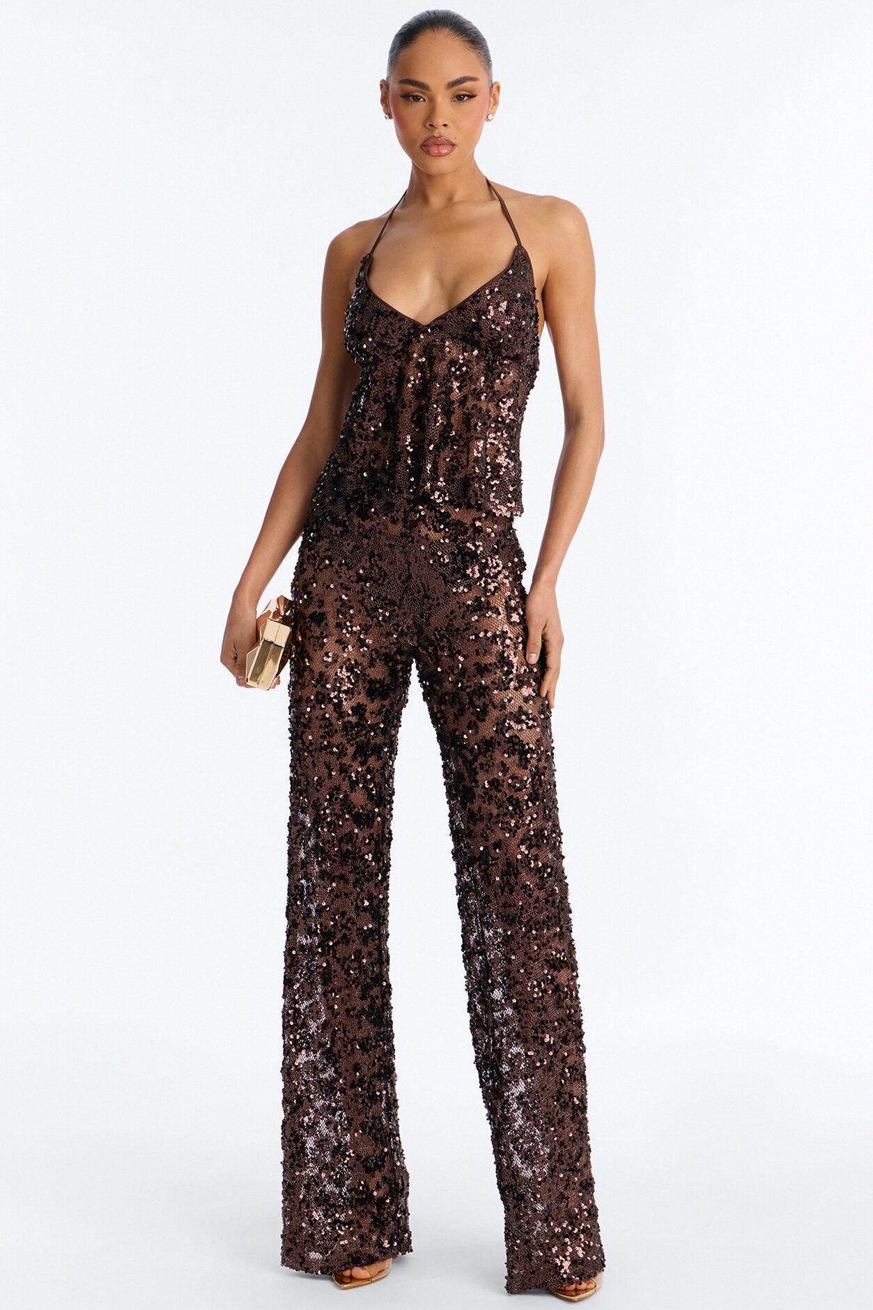 Gianna Sequin Pant Set - Chocolate